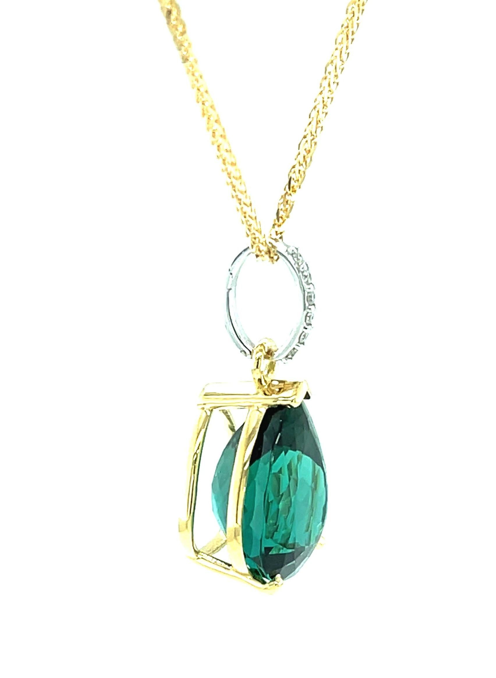 Artisan Indicolite Tourmaline and Diamond Pendant Necklace in Yellow Gold, 8.14 Carats For Sale