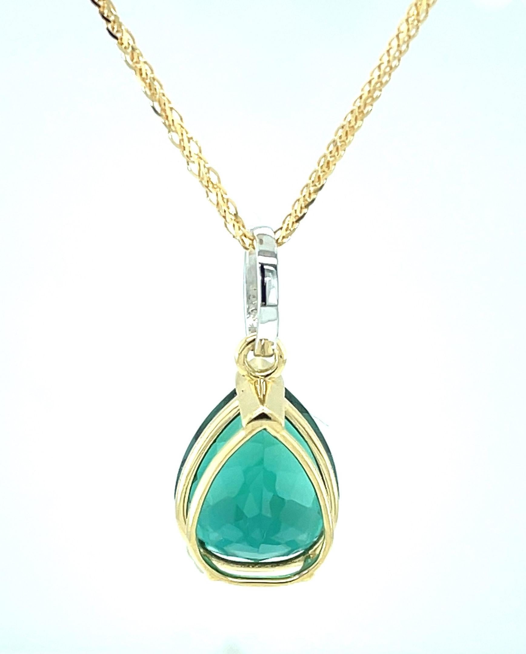 Pear Cut Indicolite Tourmaline and Diamond Pendant Necklace in Yellow Gold, 8.14 Carats For Sale