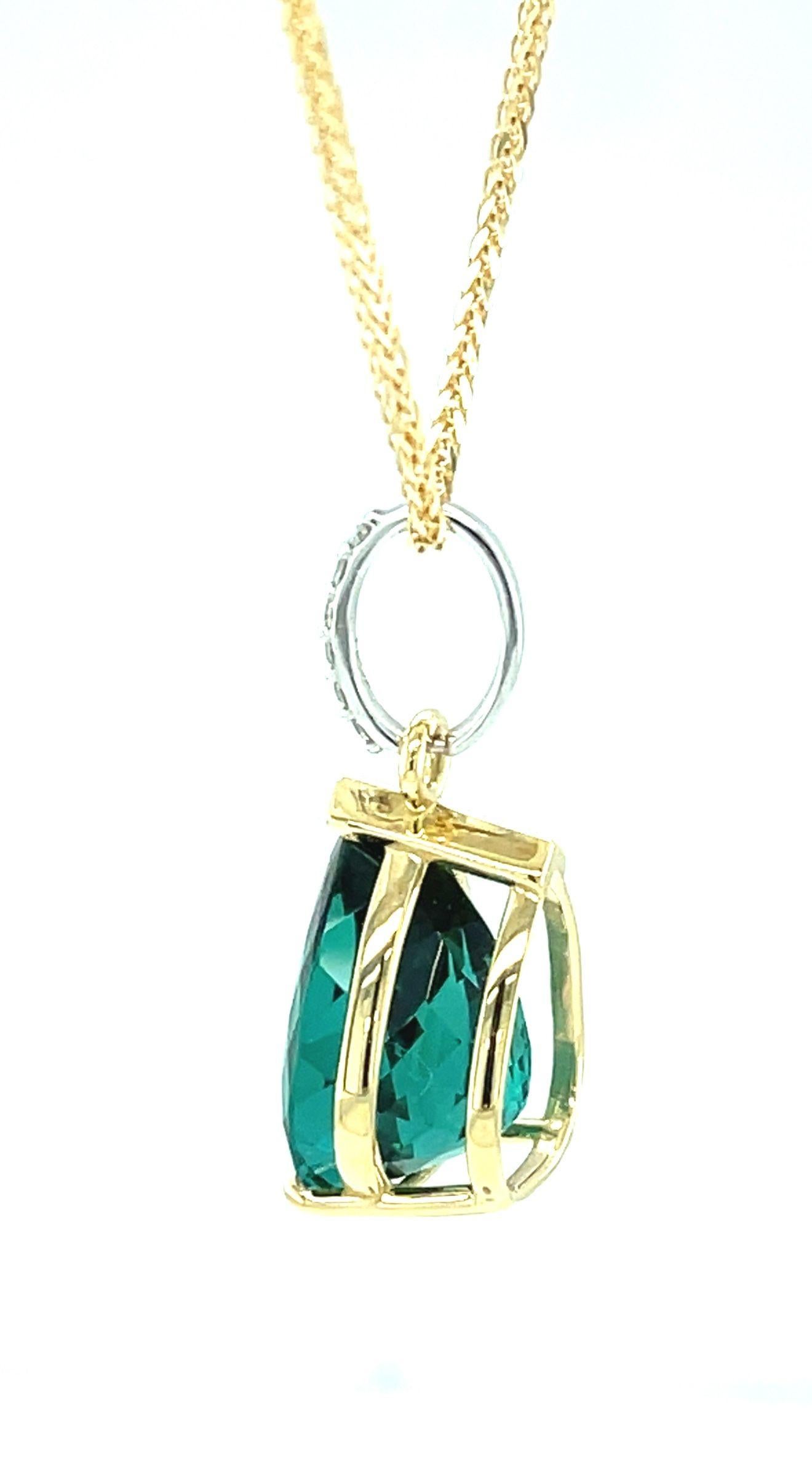 Indicolite Tourmaline and Diamond Pendant Necklace in Yellow Gold, 8.14 Carats In New Condition For Sale In Los Angeles, CA
