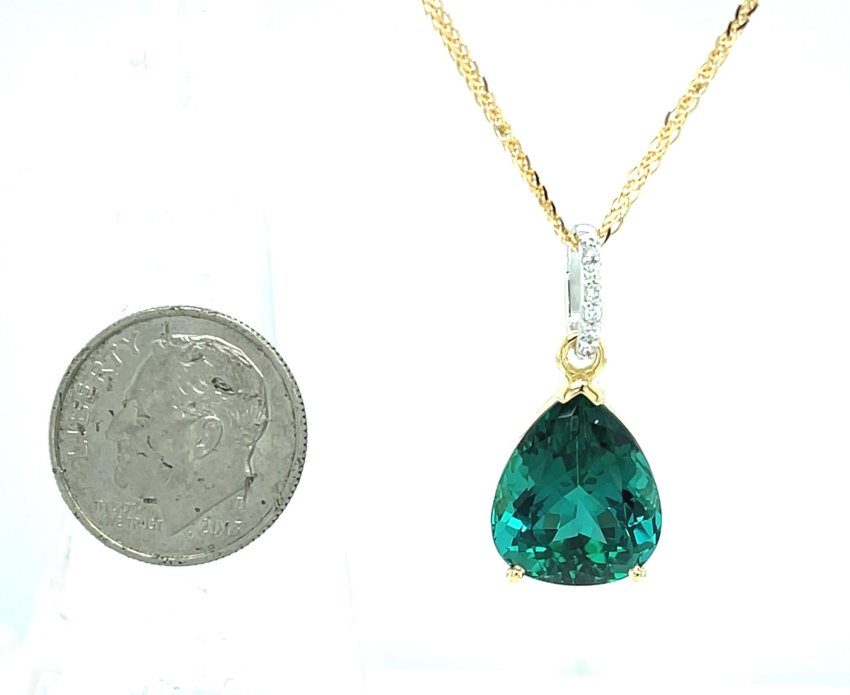 Indicolite Tourmaline and Diamond Pendant Necklace in Yellow Gold, 8.14 Carats For Sale 1