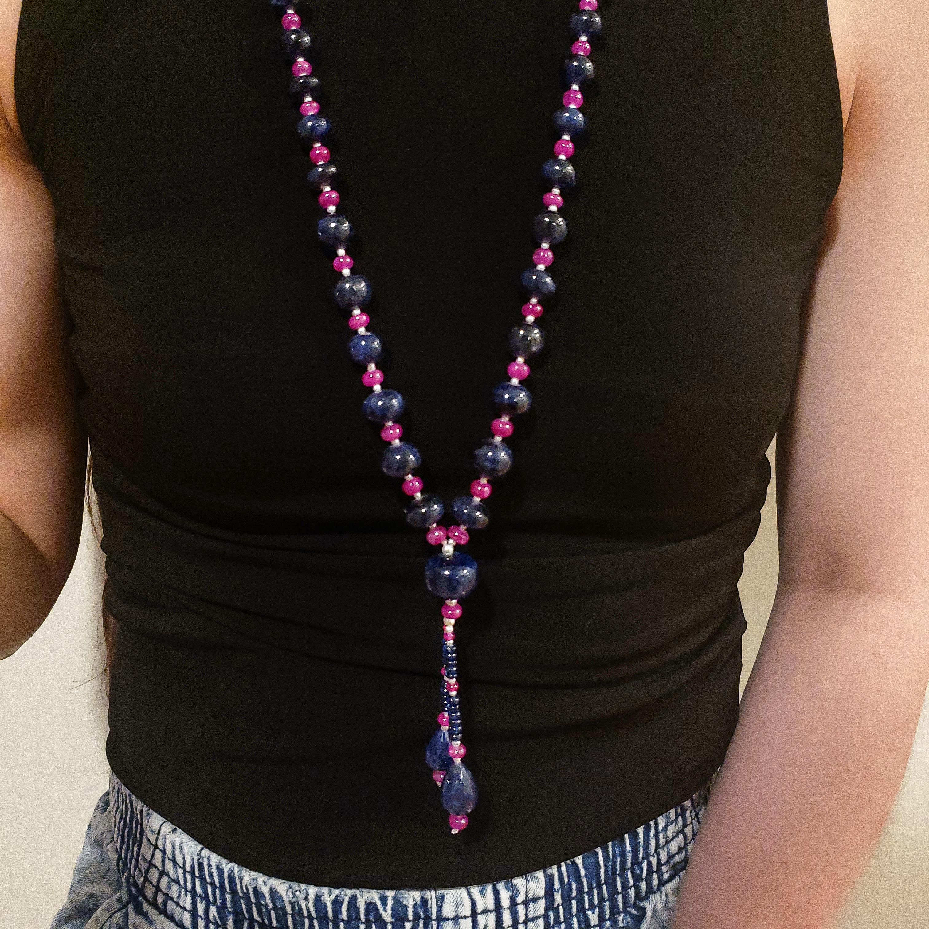 Women's or Men's 814 Carat Sapphire and Ruby Bead Drop Necklace For Sale