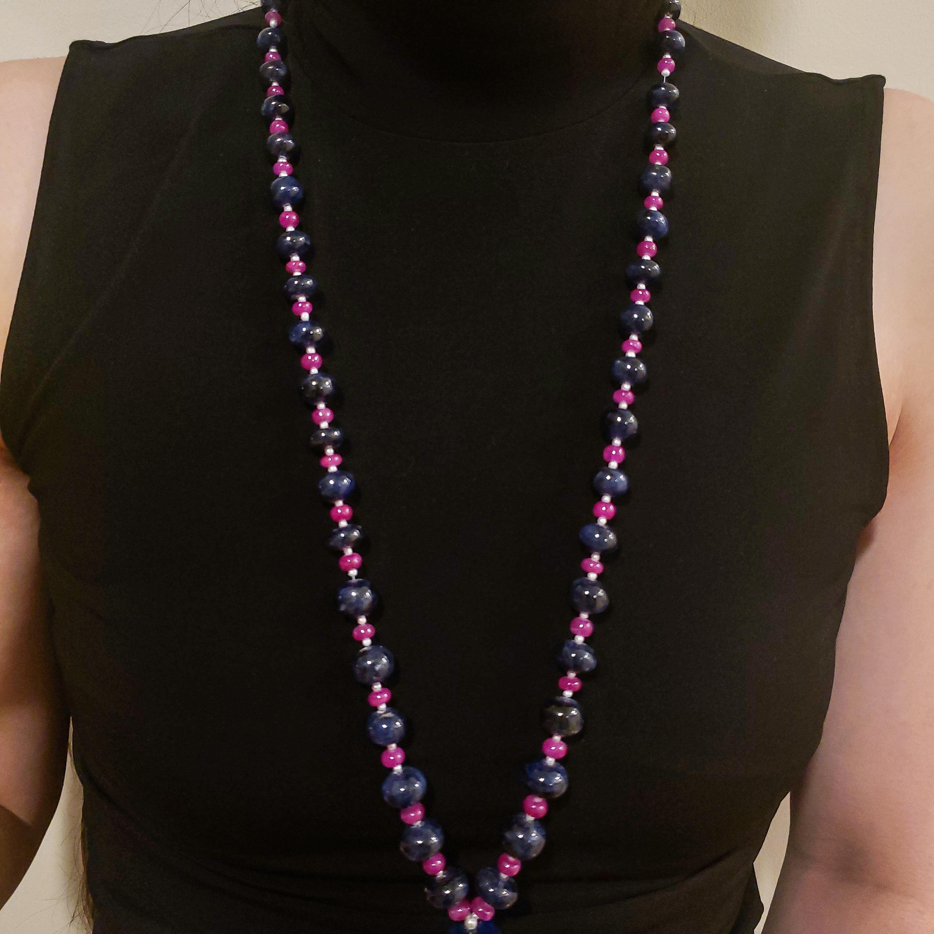 814 Carat Sapphire and Ruby Bead Drop Necklace For Sale 1