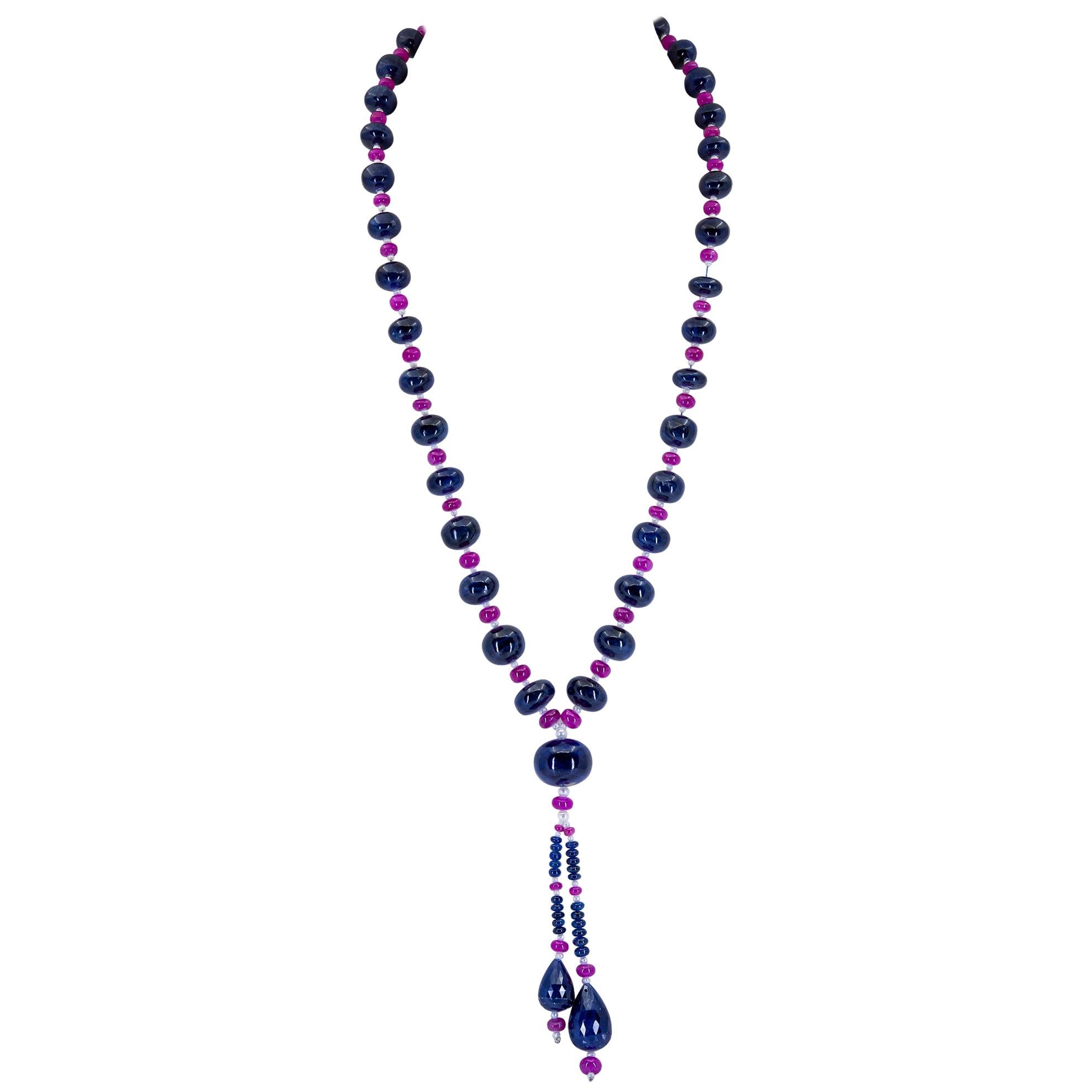 814 Carat Sapphire and Ruby Bead Drop Necklace