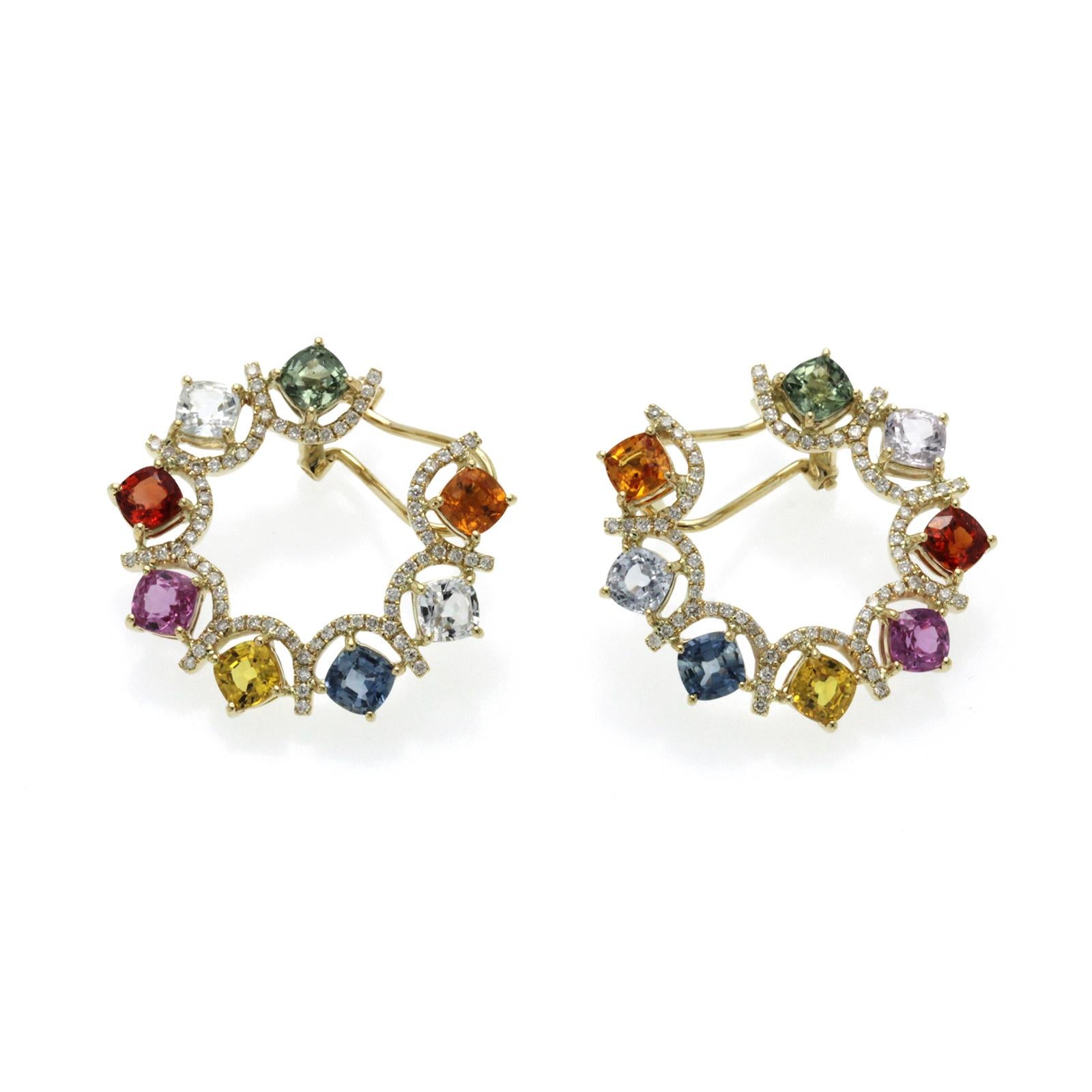 8.14 Ct Multi Color Sapphire 0.52 Ct Diamonds 14K Rose Gold Hoop Earrings In New Condition For Sale In Los Angeles, CA