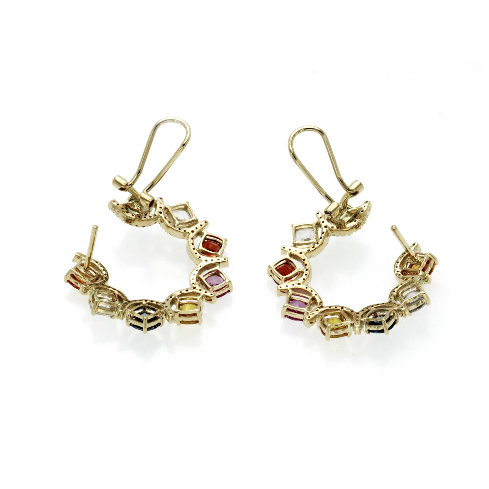 Women's or Men's 8.14 Ct Multi Color Sapphire 0.52 Ct Diamonds 14K Rose Gold Hoop Earrings For Sale