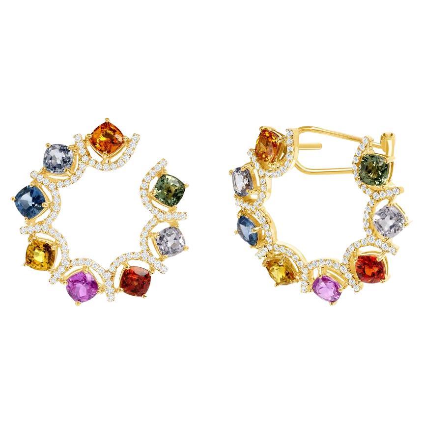 8.14 Ct Multi Color Sapphire 0.52 Ct Diamonds 14K Rose Gold Hoop Earrings