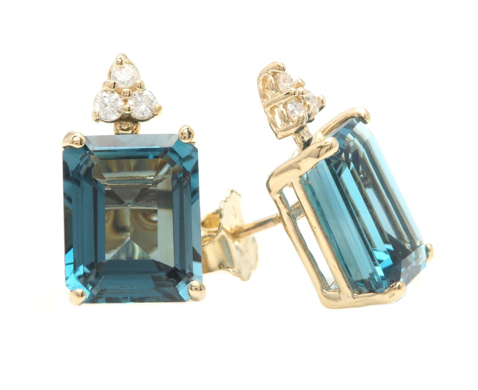 Exquisite 8.14 Carats Natural London Blue Topaz and Diamond 14K Solid Yellow Gold Stud Earrings

Amazing looking piece! 

Total Natural Round Cut White Diamonds Weight: 0.14 Carats (color G-H / Clarity SI1-SI2)

Total Natural Emerald Cut London Blue