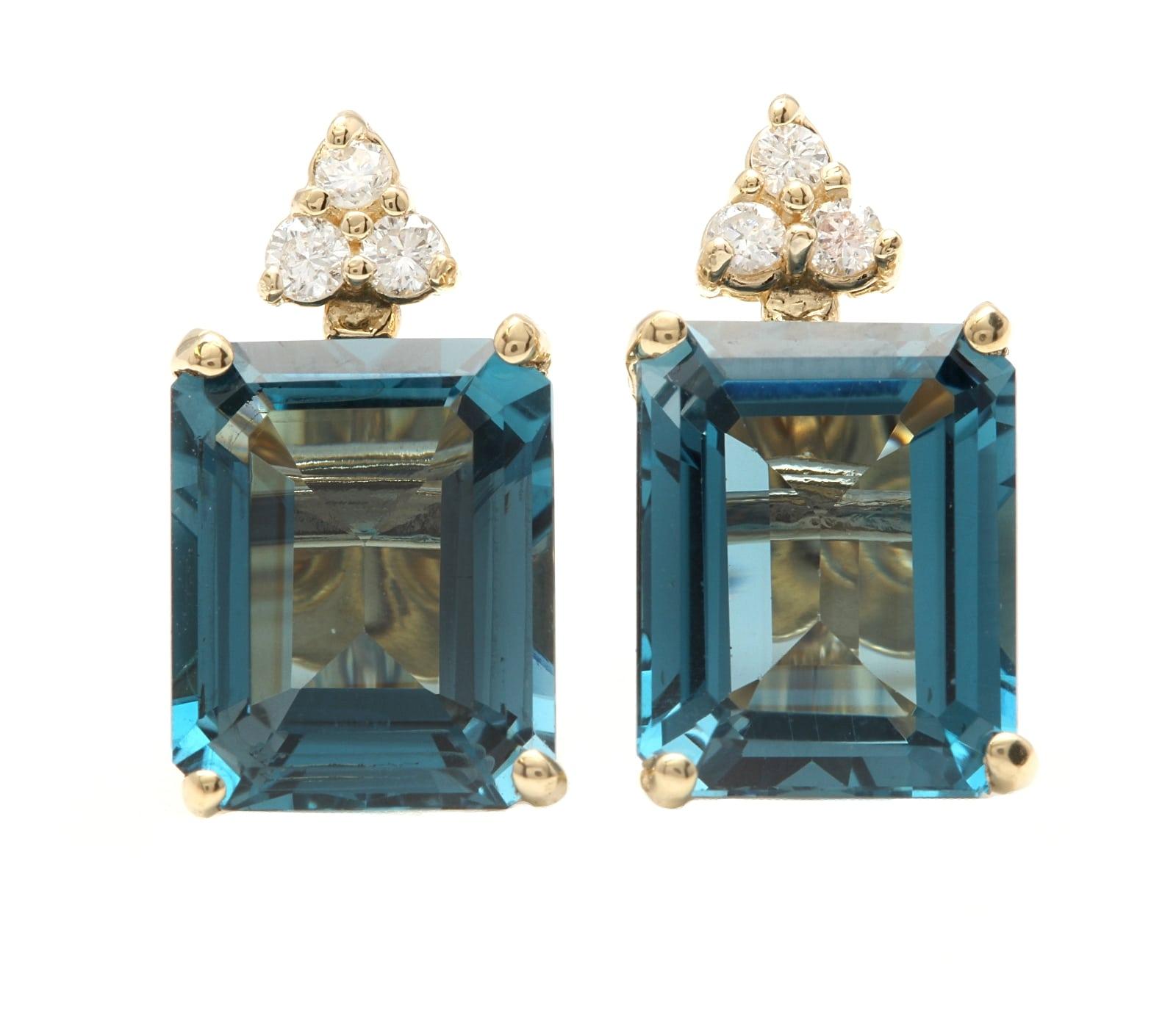 8.14ct Natural London Blue Topaz and Diamond 14K Yellow Gold Earrings In New Condition For Sale In Los Angeles, CA