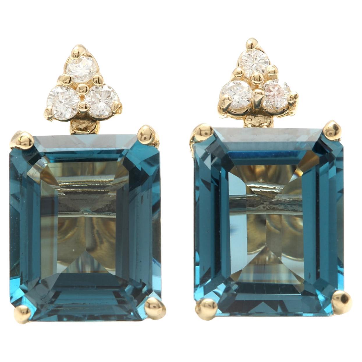 8.14ct Natural London Blue Topaz and Diamond 14K Yellow Gold Earrings For Sale