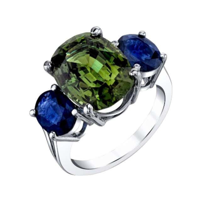 Blue Sapphire White Diamond Halo Three-Stone Bridal Cocktail Fashion ...