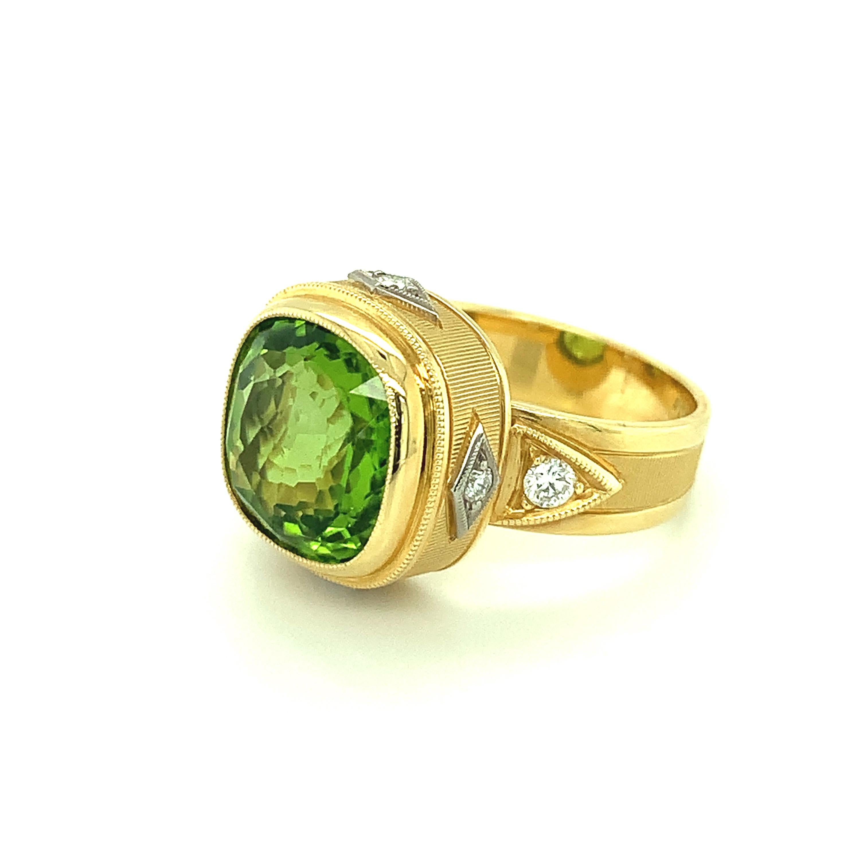 Artisan 8.15 Carat Peridot Cushion and Diamond, Yellow and White Gold Bezel Ring   For Sale
