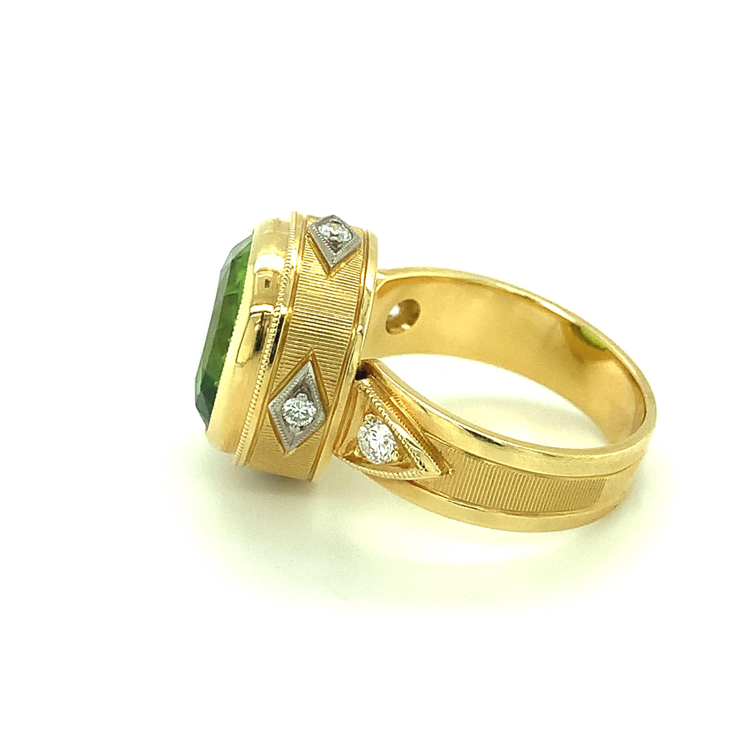 Cushion Cut 8.15 Carat Peridot Cushion and Diamond, Yellow and White Gold Bezel Ring   For Sale