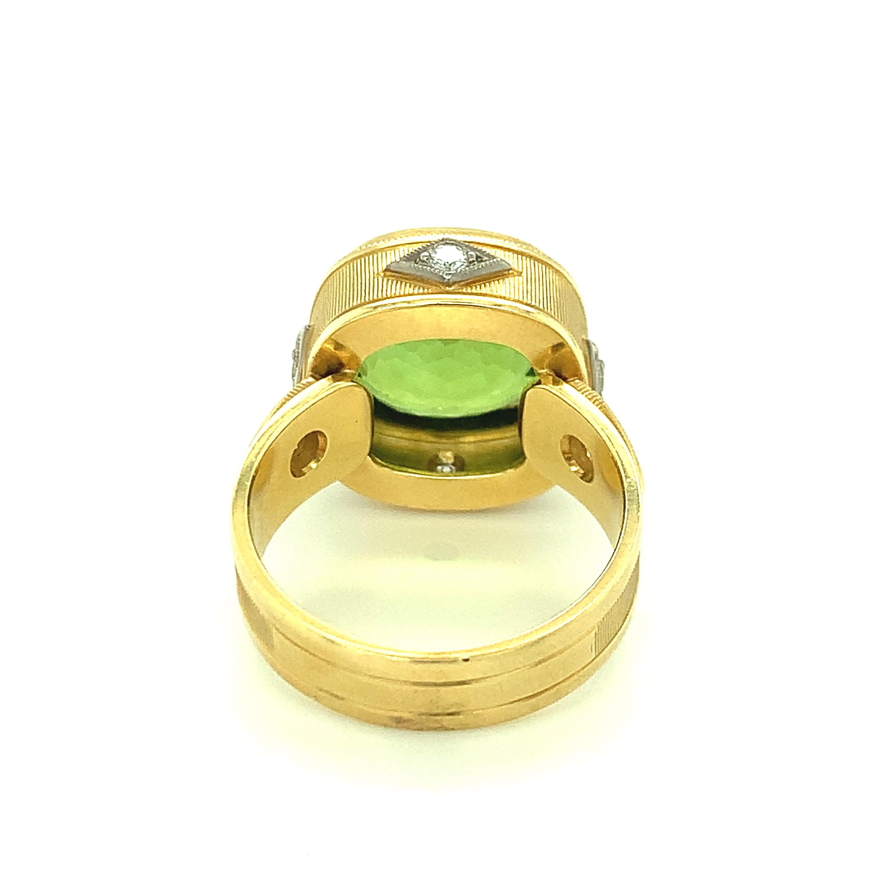 8.15 Carat Peridot Cushion and Diamond, Yellow and White Gold Bezel Ring   In New Condition For Sale In Los Angeles, CA