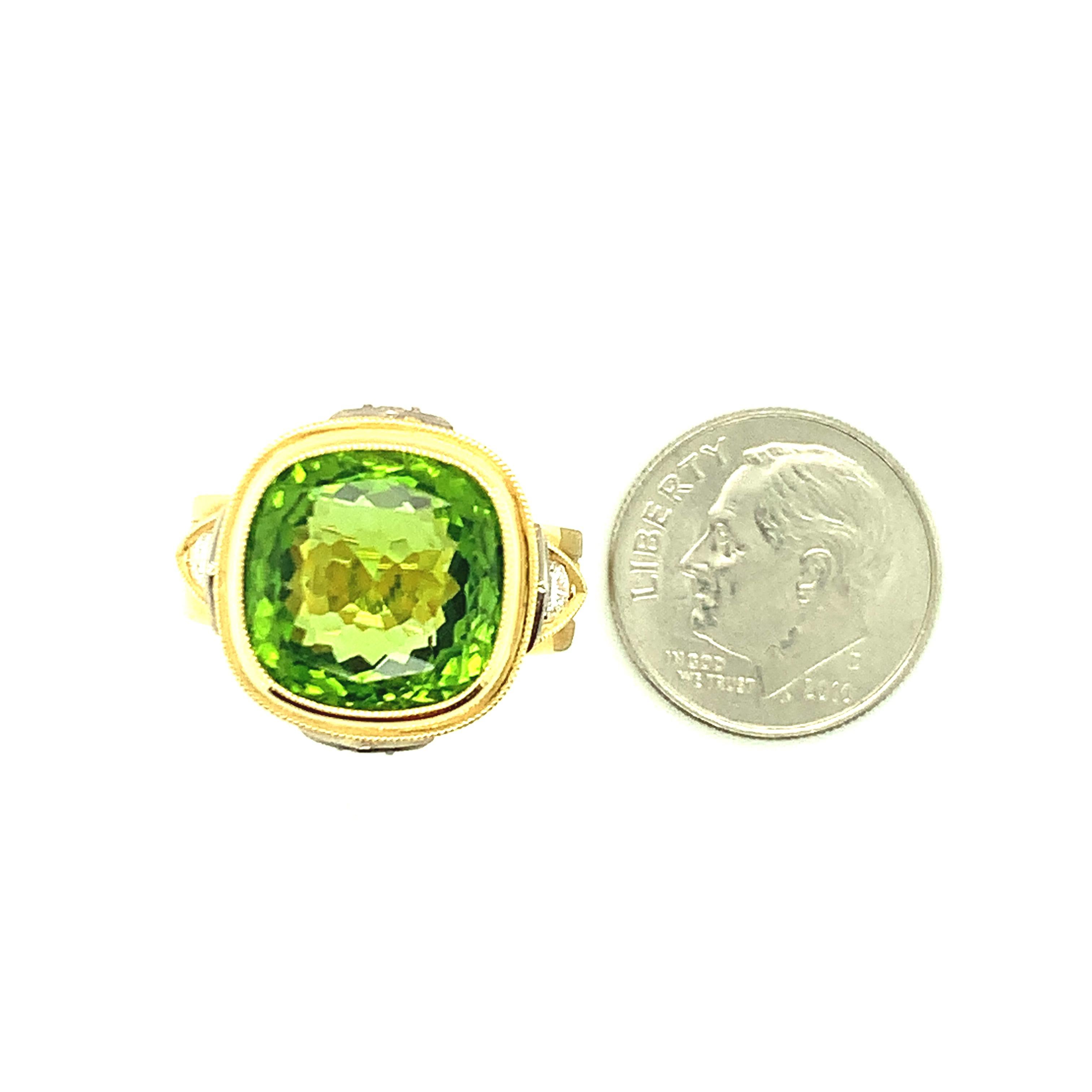 Women's or Men's 8.15 Carat Peridot Cushion and Diamond, Yellow and White Gold Bezel Ring   For Sale