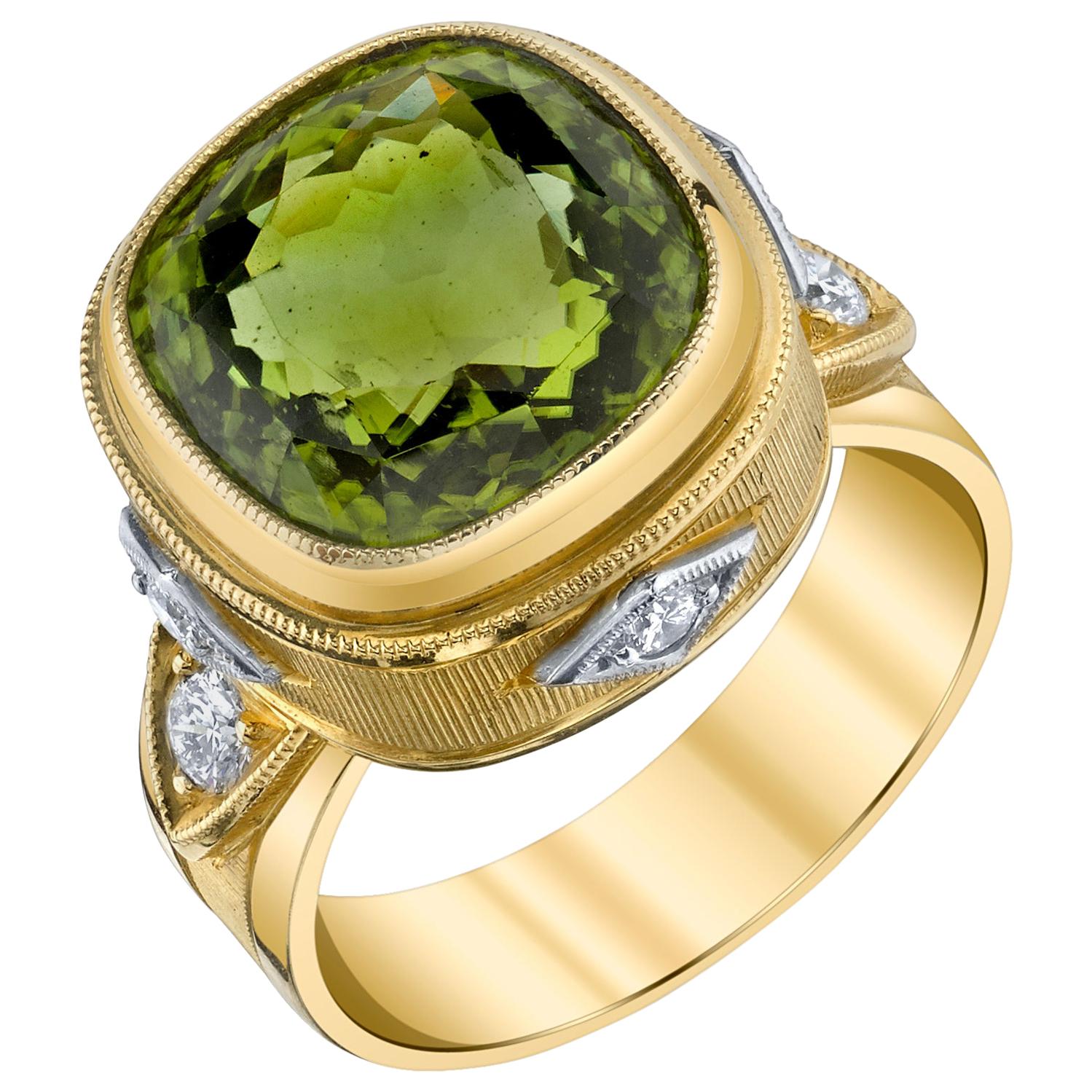 8.15 Carat Peridot Cushion and Diamond, Yellow and White Gold Bezel Ring   For Sale