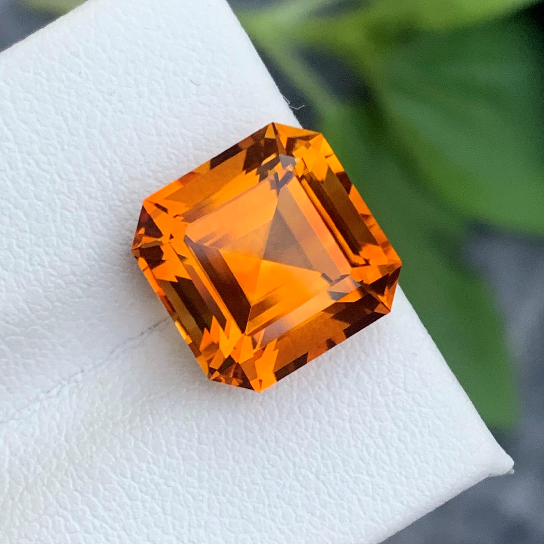 Faceted Mandarin Citrine
Weight : 8.15 Carats
Dimensions : 11.9x11.9x8.9 Mm
Clarity : Loupe Clean 
Origin : Brazil
Color: Orange 
Shape: Asscher
Certificate: On Demand
Month: November
.
The Many Healing Properties of Citrine
Increase Optimism, And