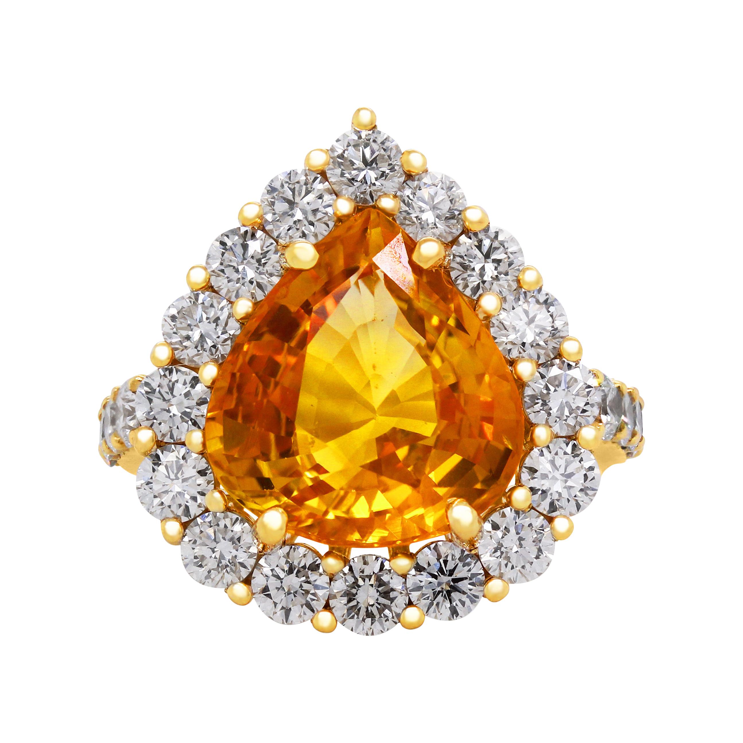 8.15 Carat Pear Shape Orange Sapphire 18 Karat Yellow Gold Diamond Cocktail Ring For Sale