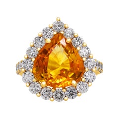 8.15 Carat Pear Shape Orange Sapphire 18 Karat Yellow Gold Diamond Cocktail Ring