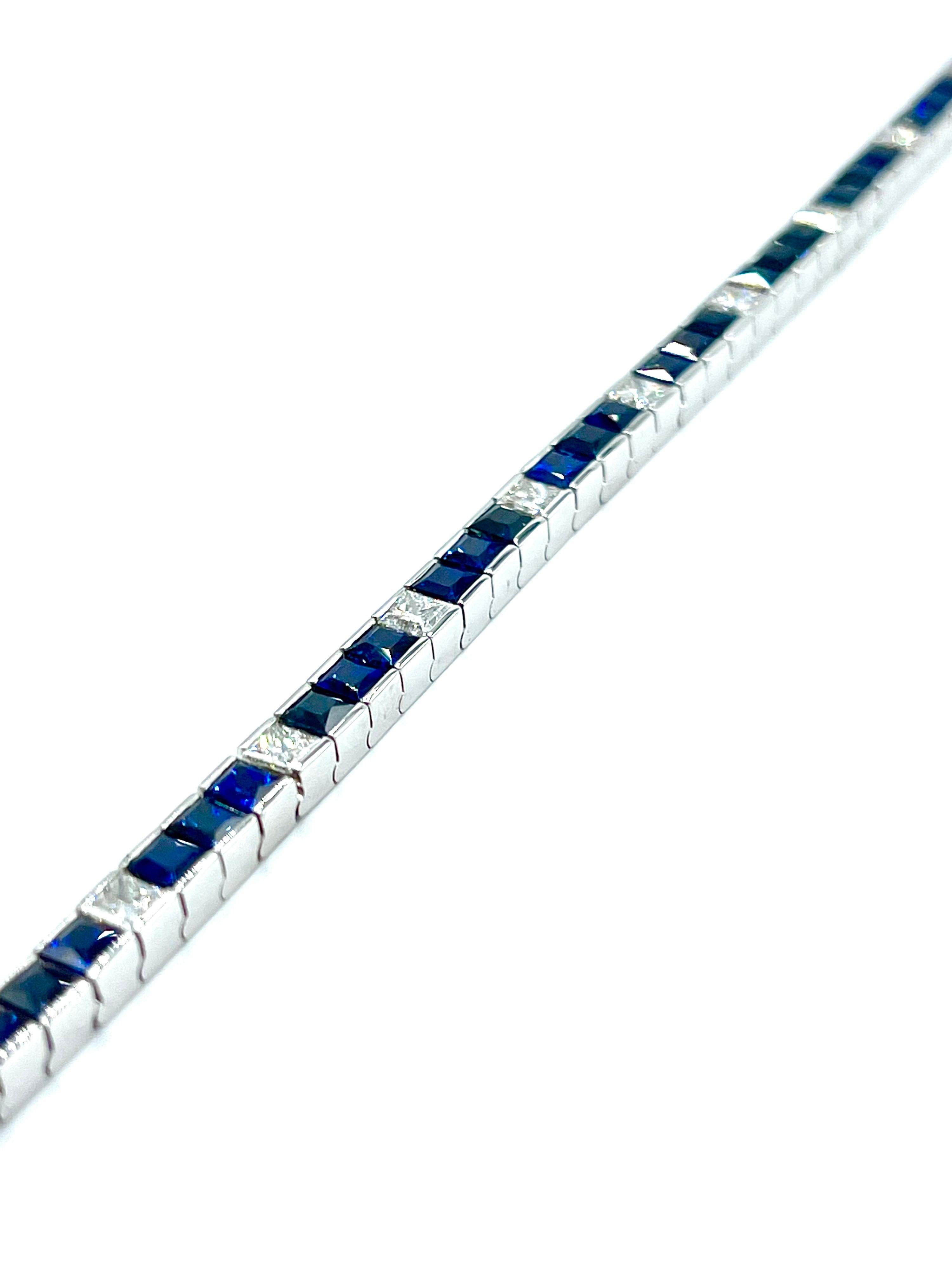 This is a beautiful Sapphire and Diamond line bracelet!  The stones in the alternating Sapphire and Diamond pattern are channel set in individual links in a straight line across the bracelet.  The 48 French cut Sapphires have a total weight of 8.15
