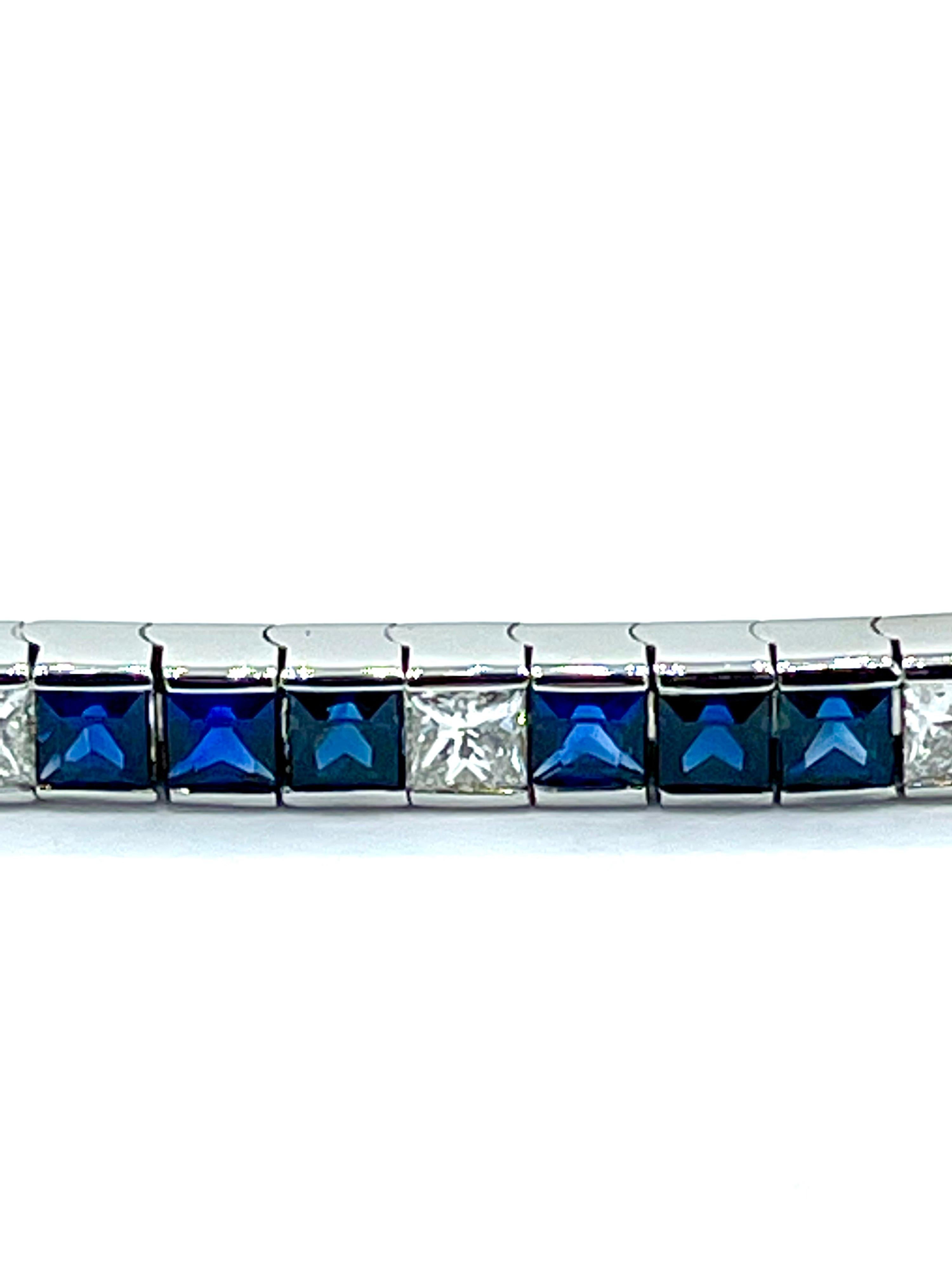 Women's or Men's 8.15 Carat Square Cut Sapphire & Princess Cut Diamond White Gold Bracelet For Sale