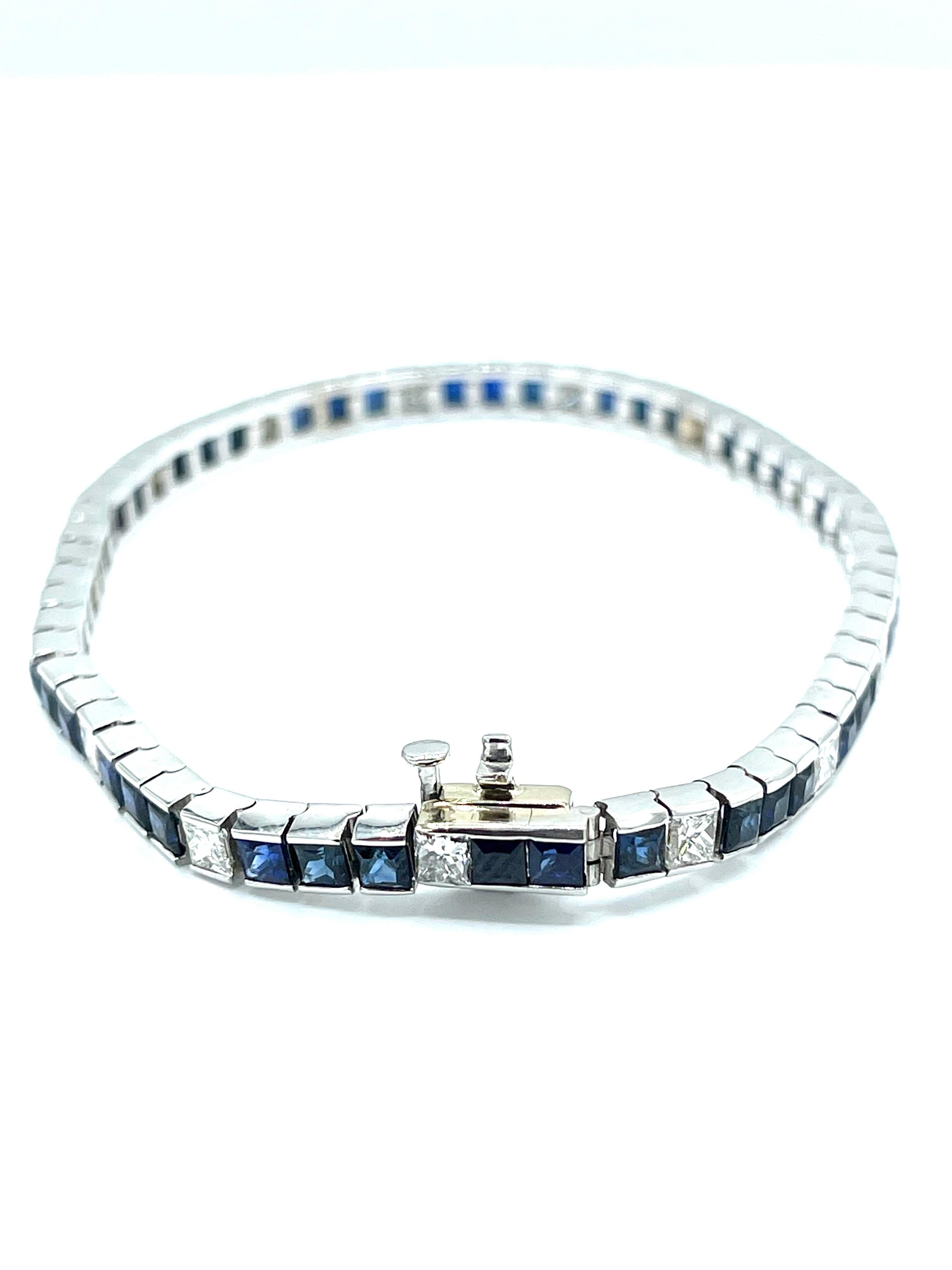 8.15 Carat Square Cut Sapphire & Princess Cut Diamond White Gold Bracelet For Sale 2
