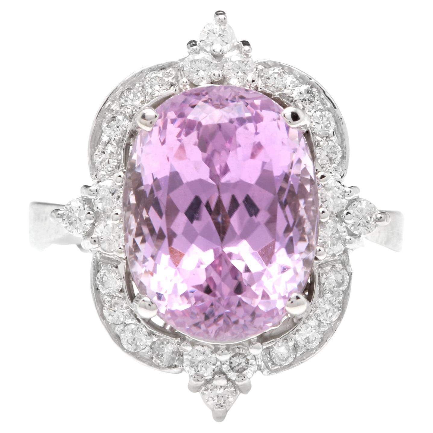 8.15 Carats Natural Kunzite and Diamond 14K Solid White Gold Ring For Sale