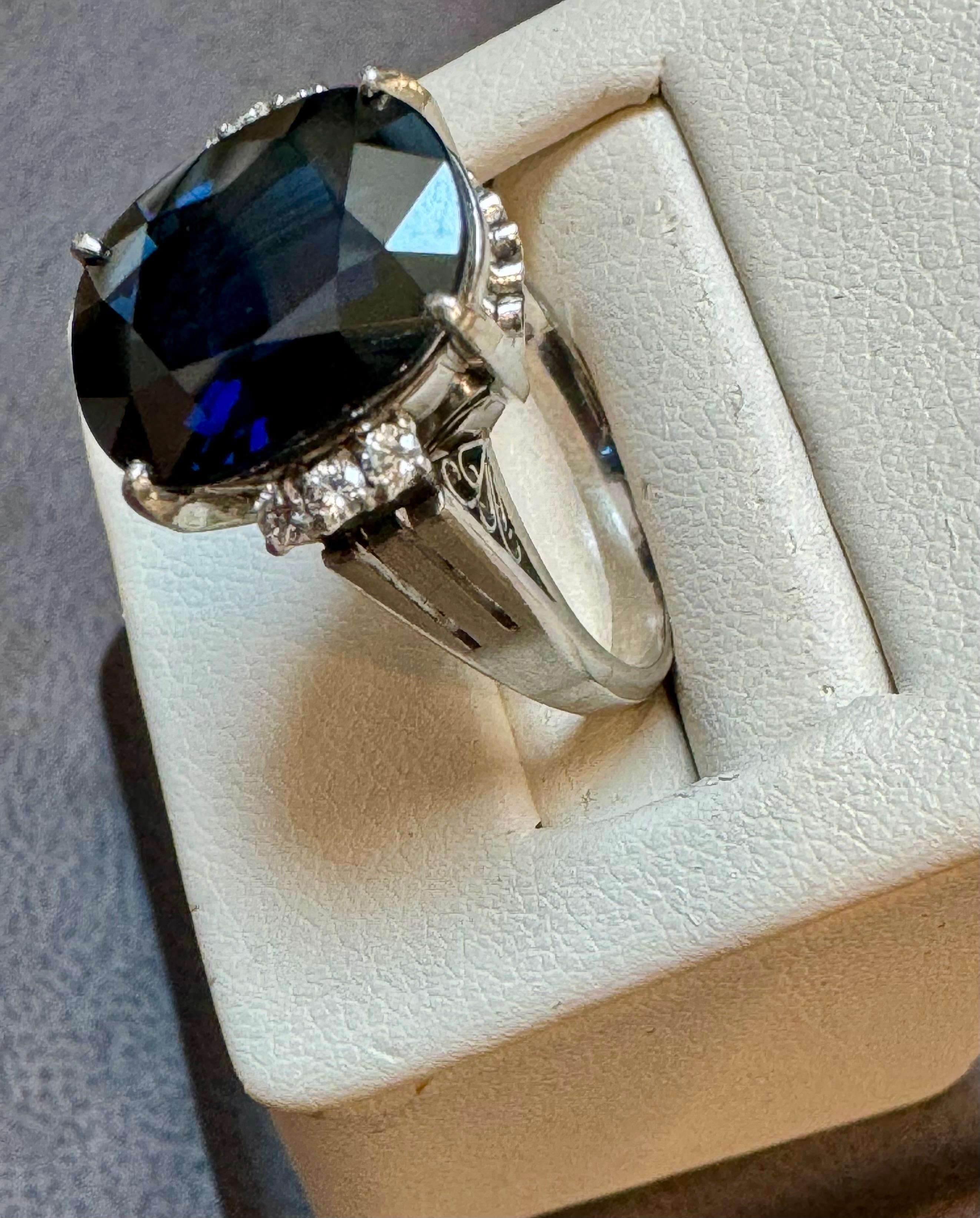8.15 Ct Mid Night Blue Sapphire & .20 Ct Diamond Cocktail Ring, Platinum, Estate For Sale 4