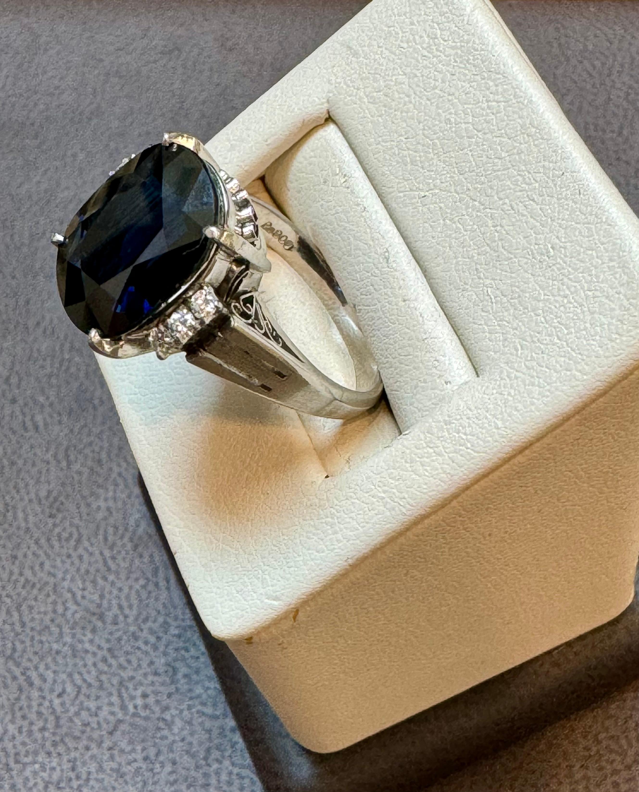 8.15 Ct Mid Night Blue Sapphire & .20 Ct Diamond Cocktail Ring, Platinum, Estate For Sale 5
