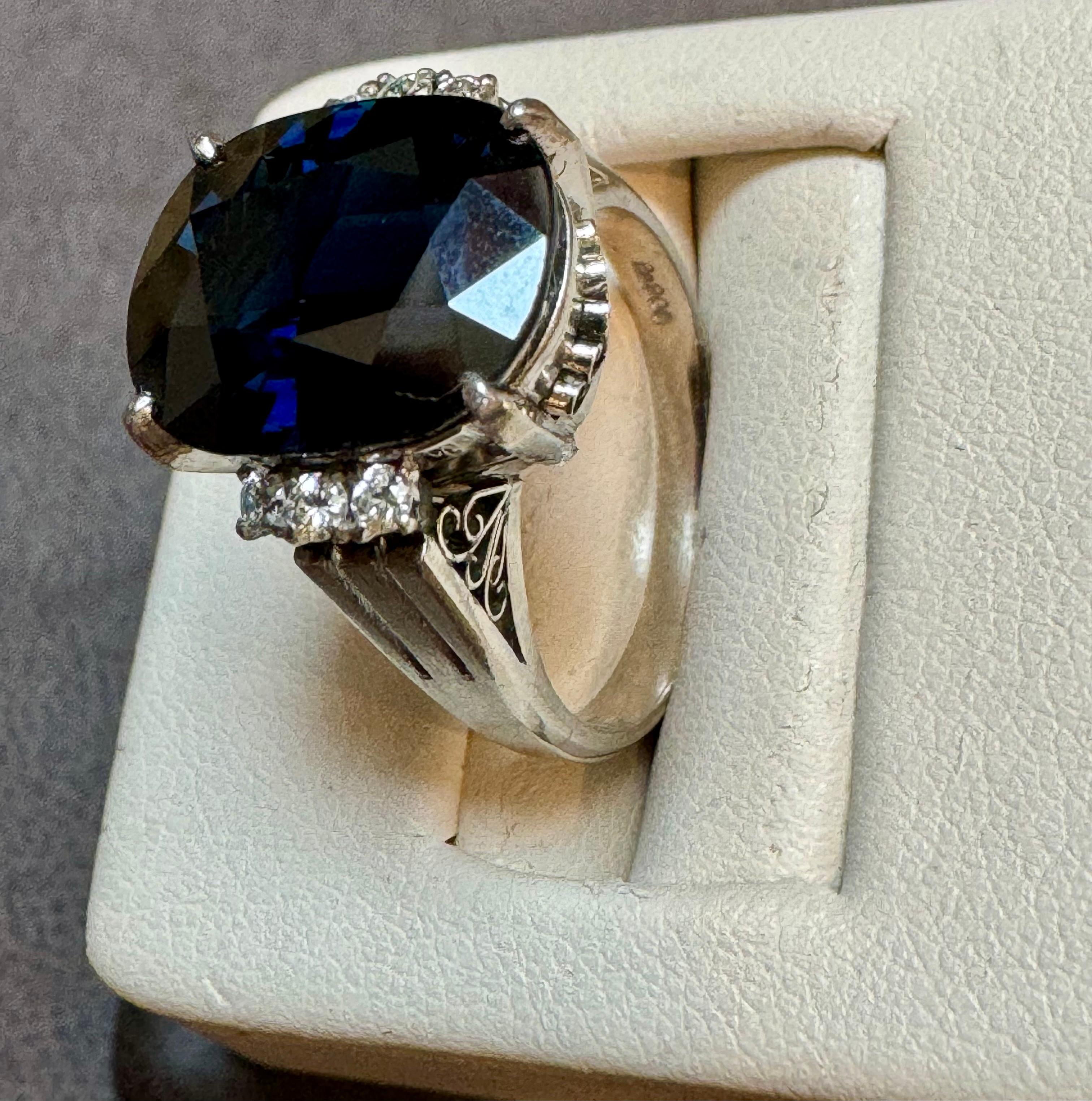 8.15 Ct Mid Night Blue Sapphire & .20 Ct Diamond Cocktail Ring, Platinum, Estate For Sale 7