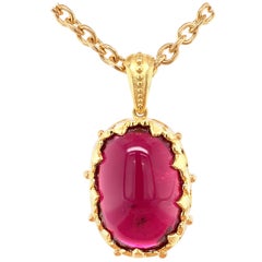 81.59 Carat Rubellite Cabochon Oval Handmade Yellow Gold Drop Pendant with Chain