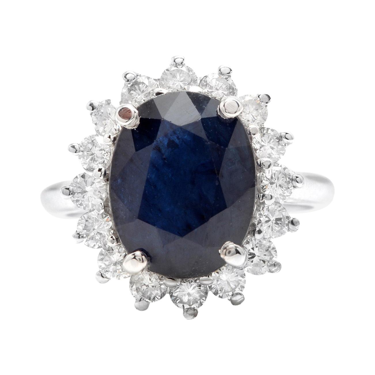 8.15ct Natural Blue Sapphire & Diamond 14k Solid White Gold Ring