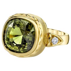 8.16 Carat Chrysoberyl and Diamond Ring, Hand-Engraved 18k Yellow Gold 8.16 Carat Chrysoberyl and Diamond Ring, Hand-Engraved 18k Yellow Gold