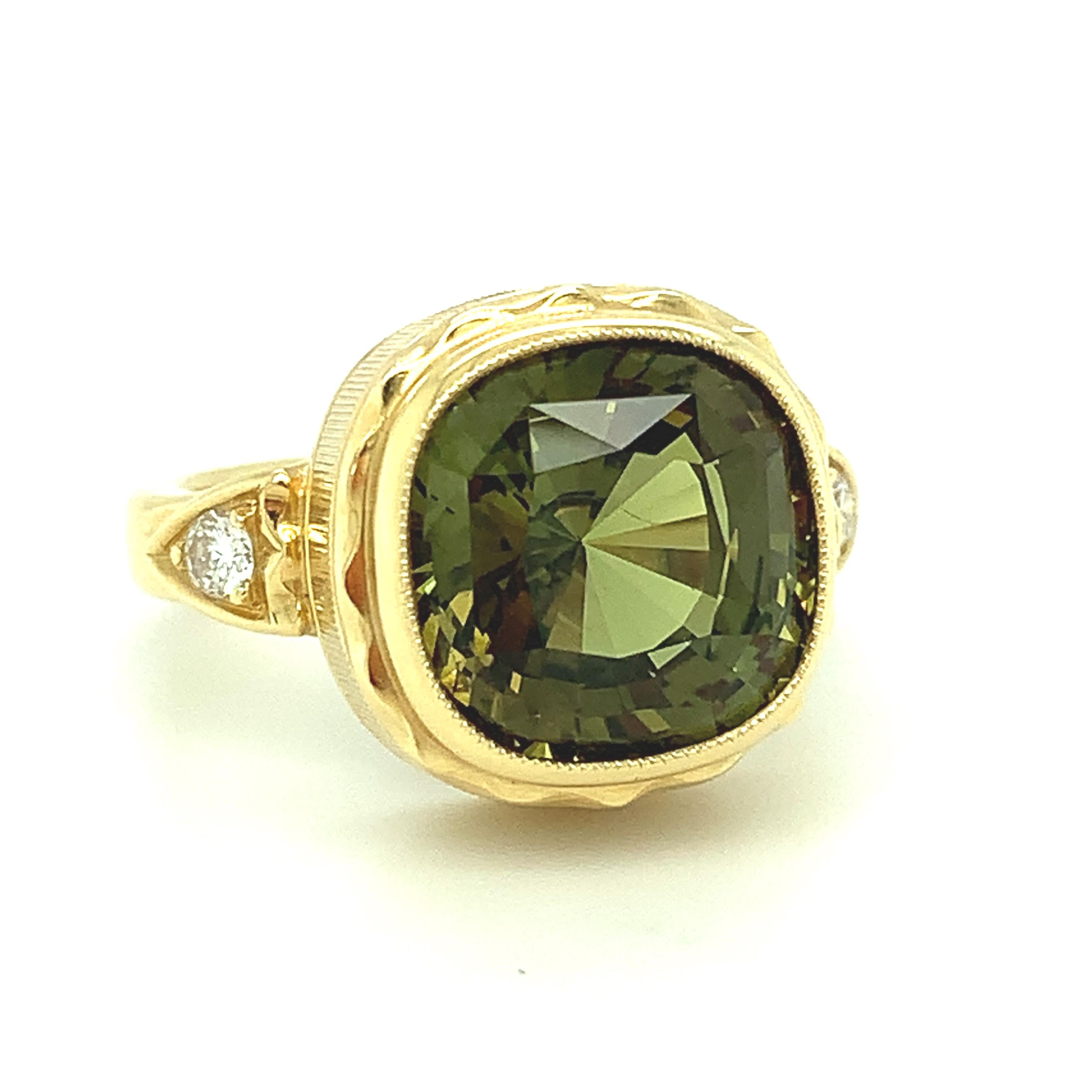 Artisan 8.16 Carat Chrysoberyl and Diamond Ring, Hand-Engraved 18k Yellow Gold  For Sale