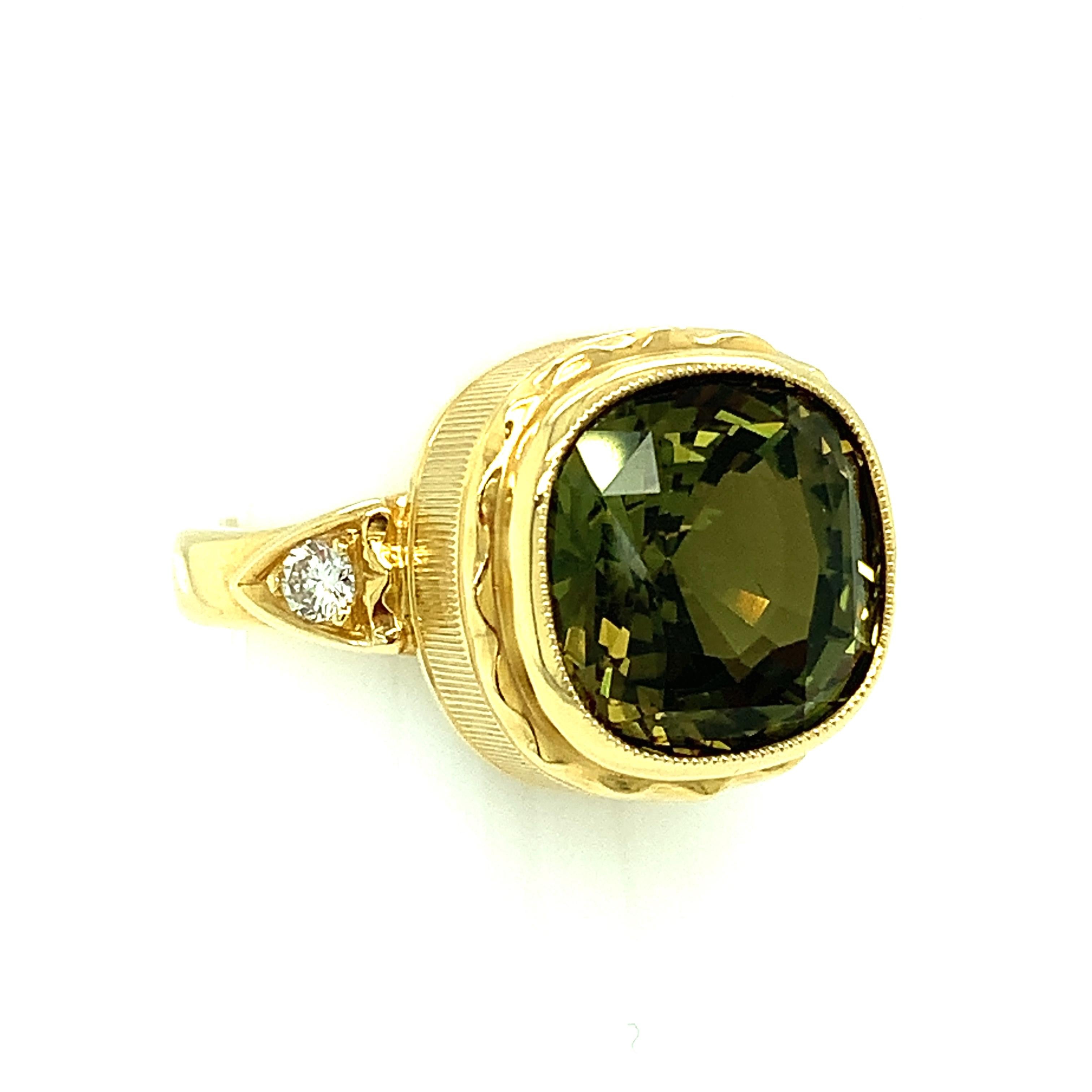 Cushion Cut 8.16 Carat Chrysoberyl and Diamond Ring, Hand-Engraved 18k Yellow Gold  For Sale