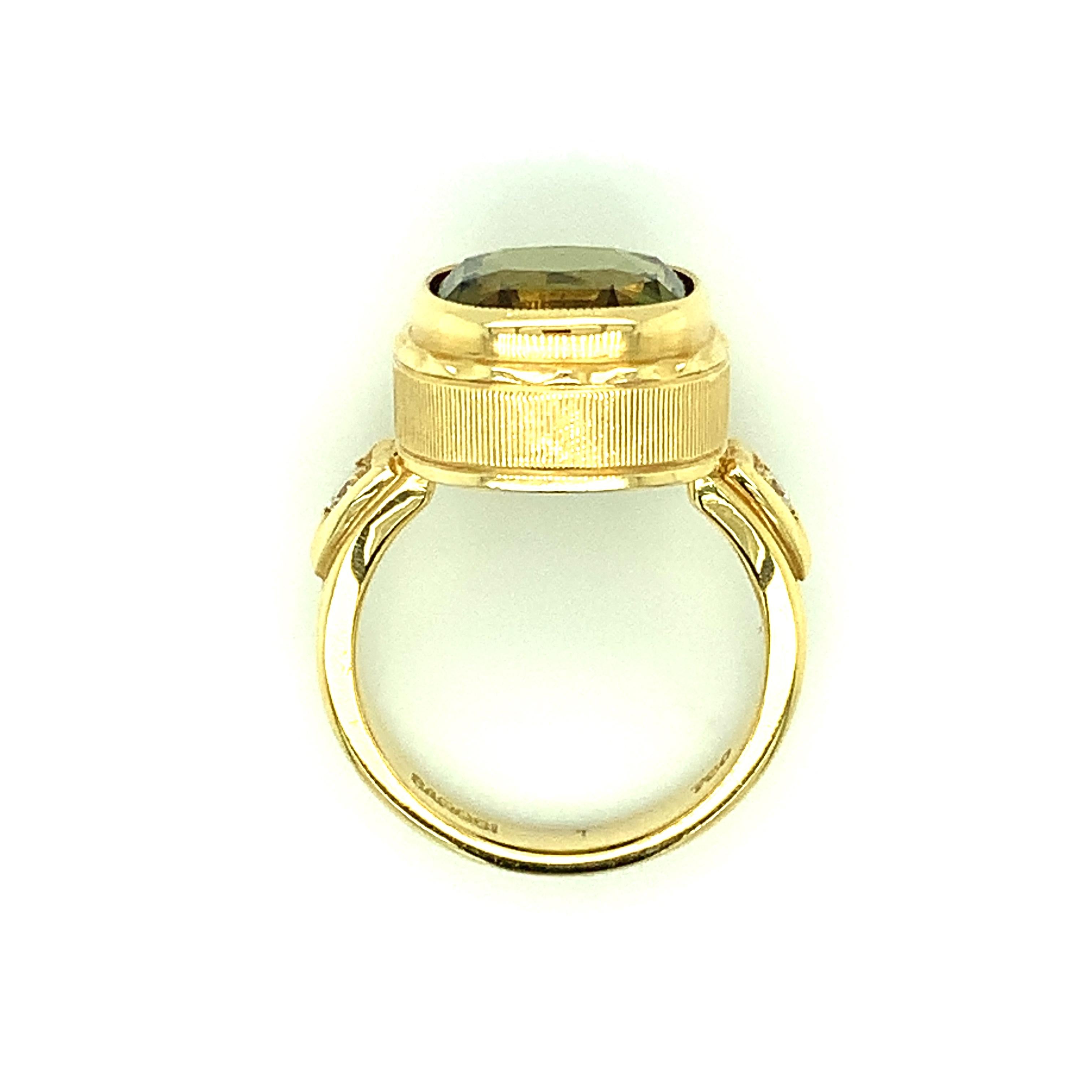 8.16 Carat Chrysoberyl and Diamond Ring, Hand-Engraved 18k Yellow Gold  For Sale 2