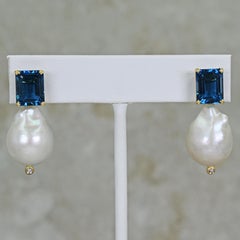 8.16 Carat London Blue Topaz Freshwater Baroque Pearl Drop Stud Earrings