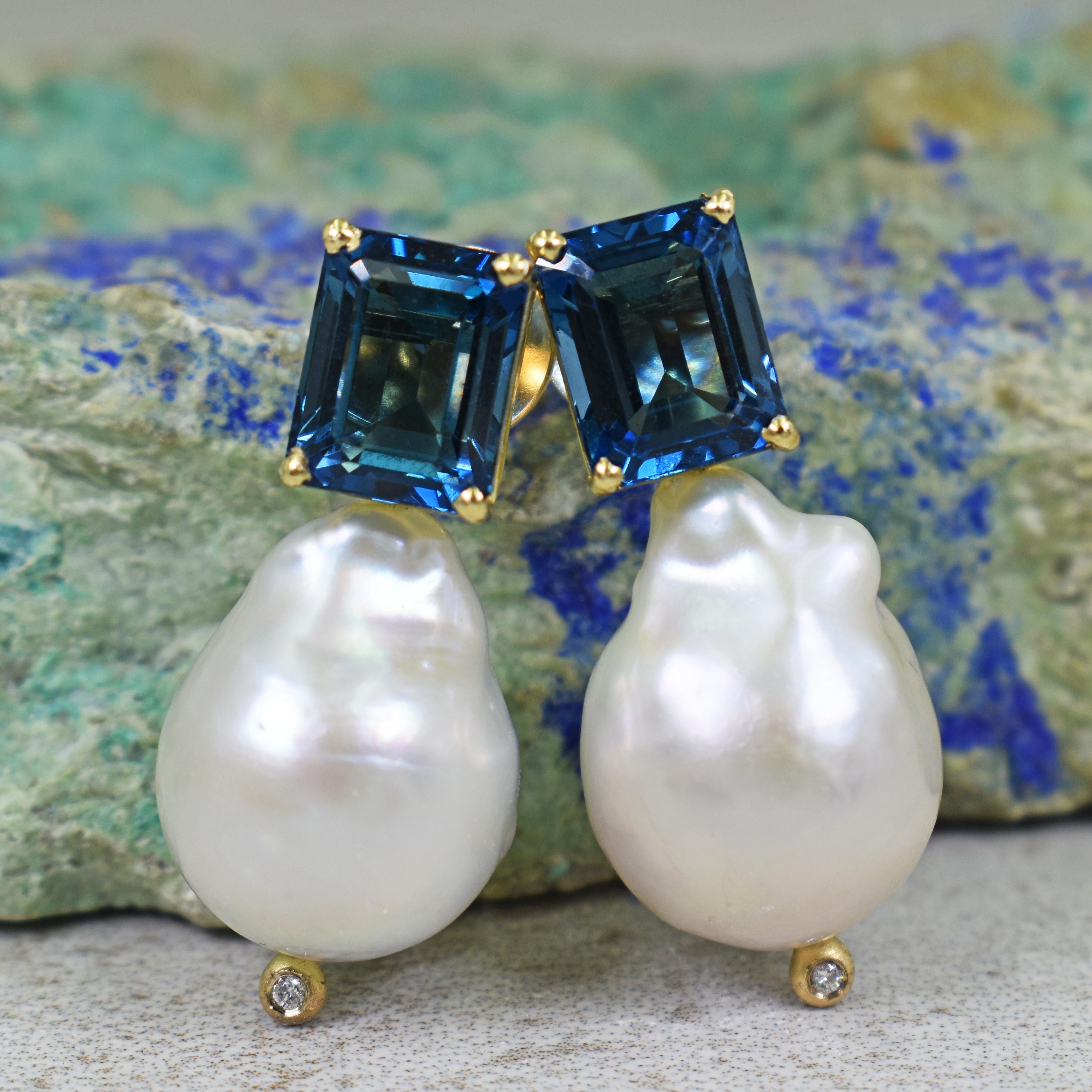 8.16 Carat London Blue Topaz Freshwater Baroque Pearl Drop Stud Earrings In New Condition In Naples, FL