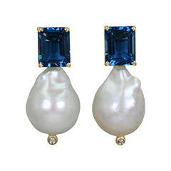 8.16 Carat London Blue Topaz Freshwater Baroque Pearl Drop Stud Earrings