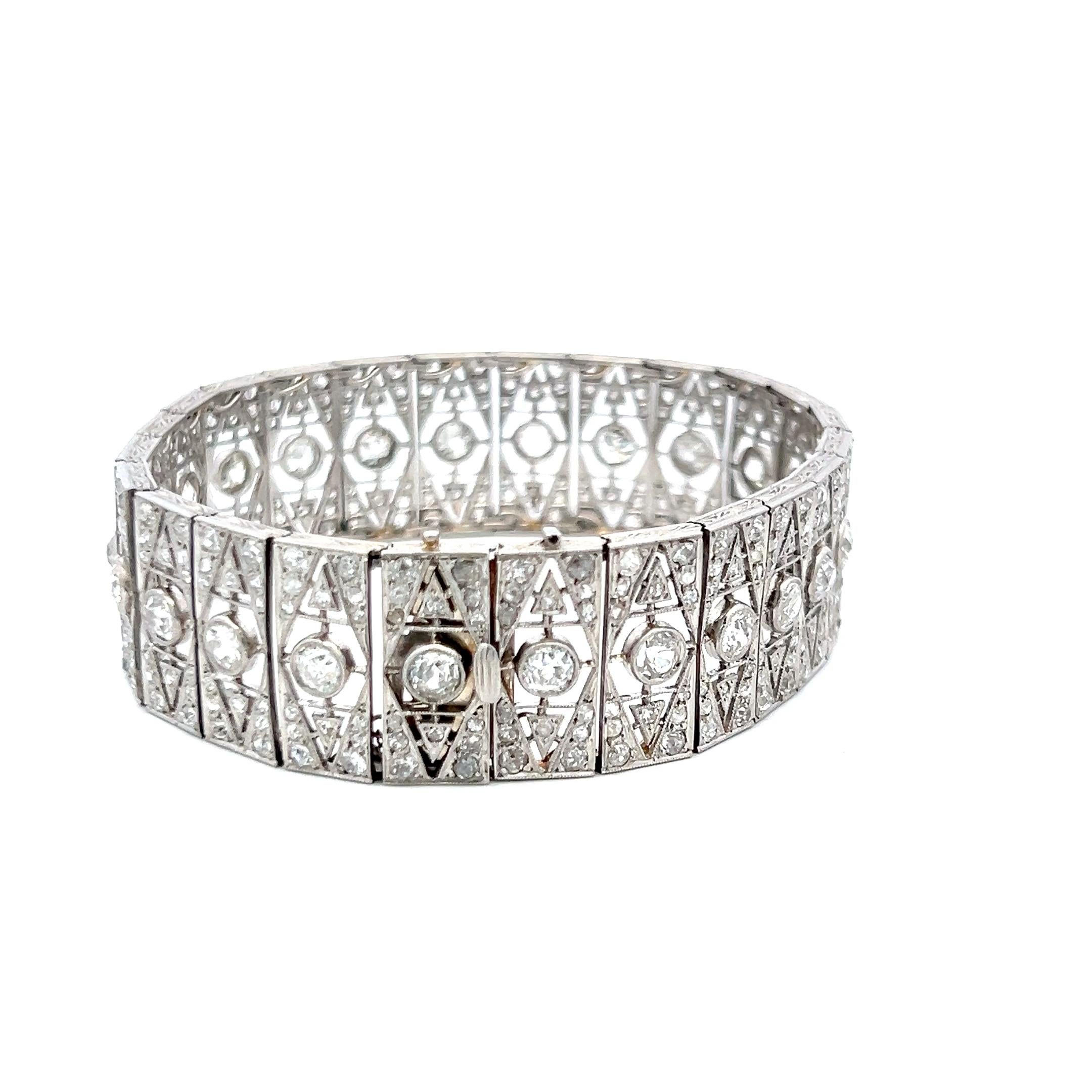 Pulsera Art-Deco de platino con diamantes talla europea antigua H VS2-SI1 de 8,16 quilates Art Decó