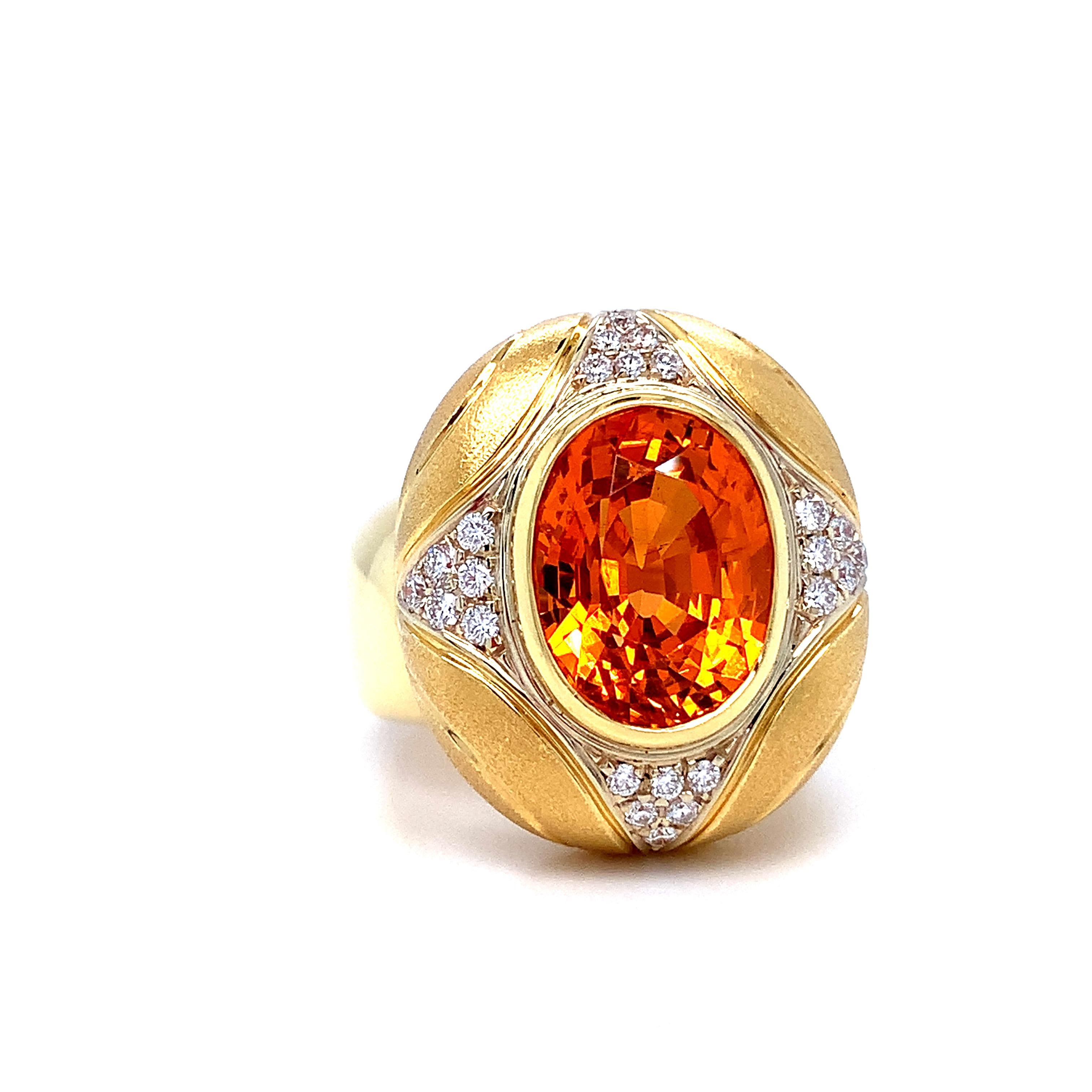 Artisan Spessartite Garnet and Diamond Pave Dome Ring in 18k Gold, 8.16 Carat Mandarin