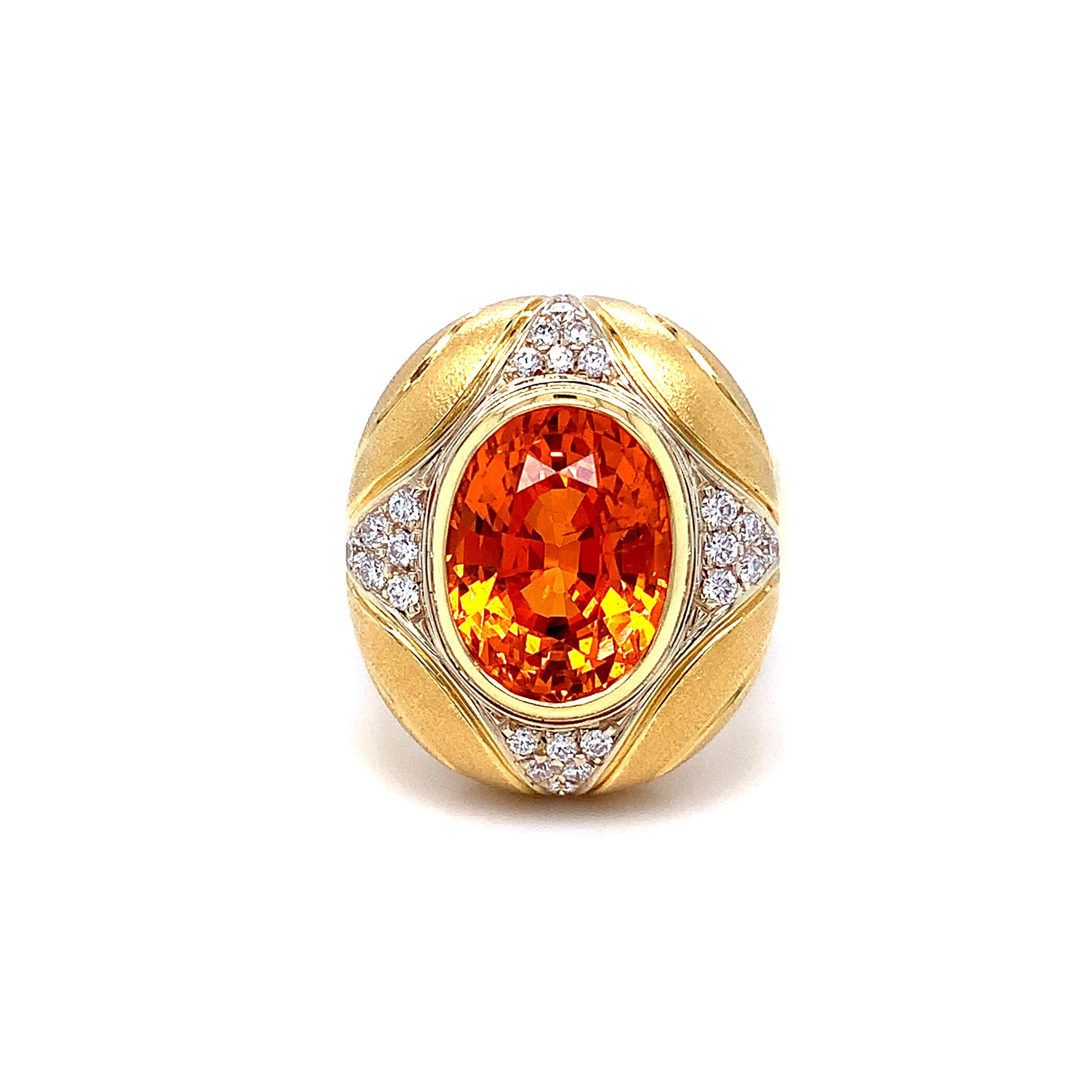 Oval Cut Spessartite Garnet and Diamond Pave Dome Ring in 18k Gold, 8.16 Carat Mandarin