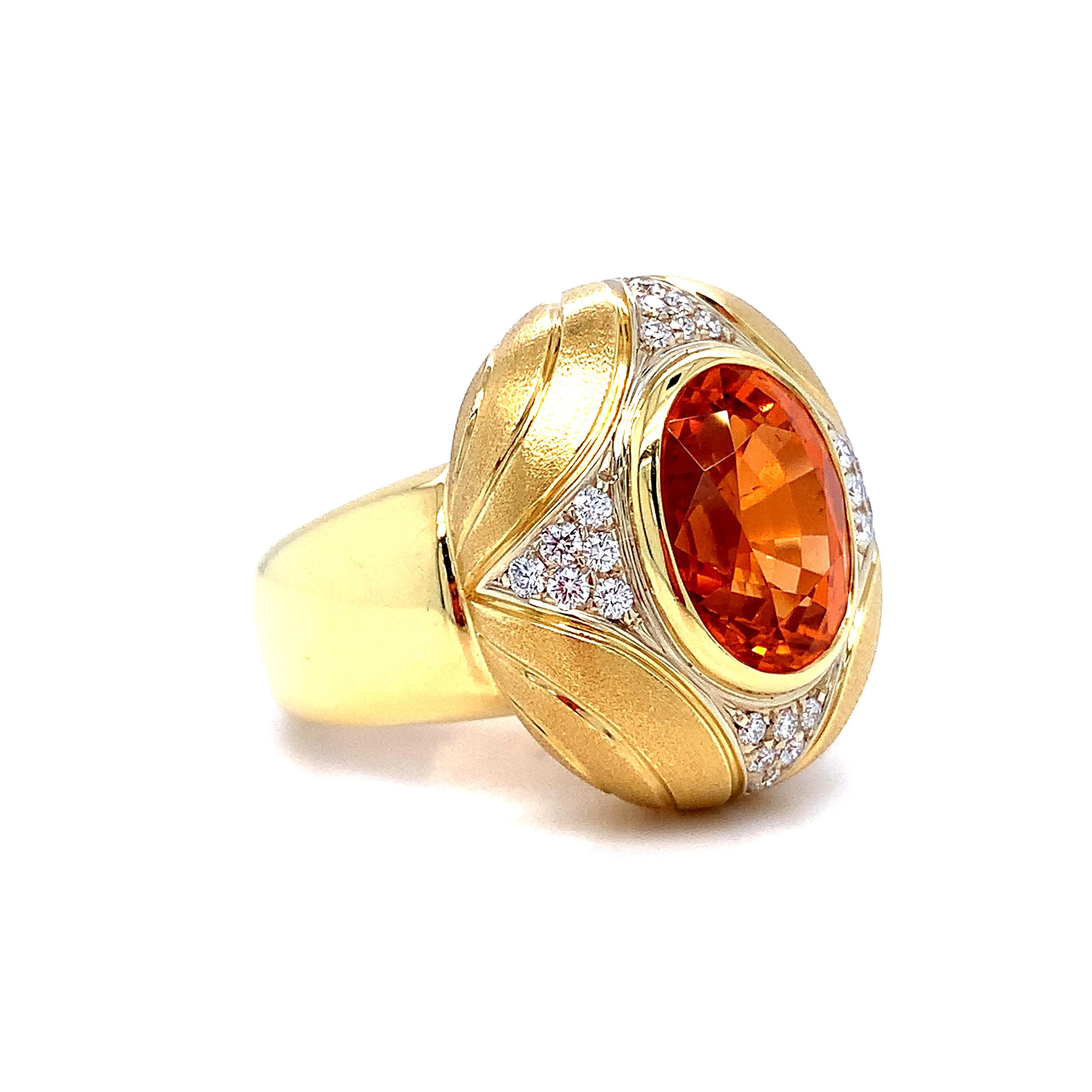 Spessartite Garnet and Diamond Pave Dome Ring in 18k Gold, 8.16 Carat Mandarin 1