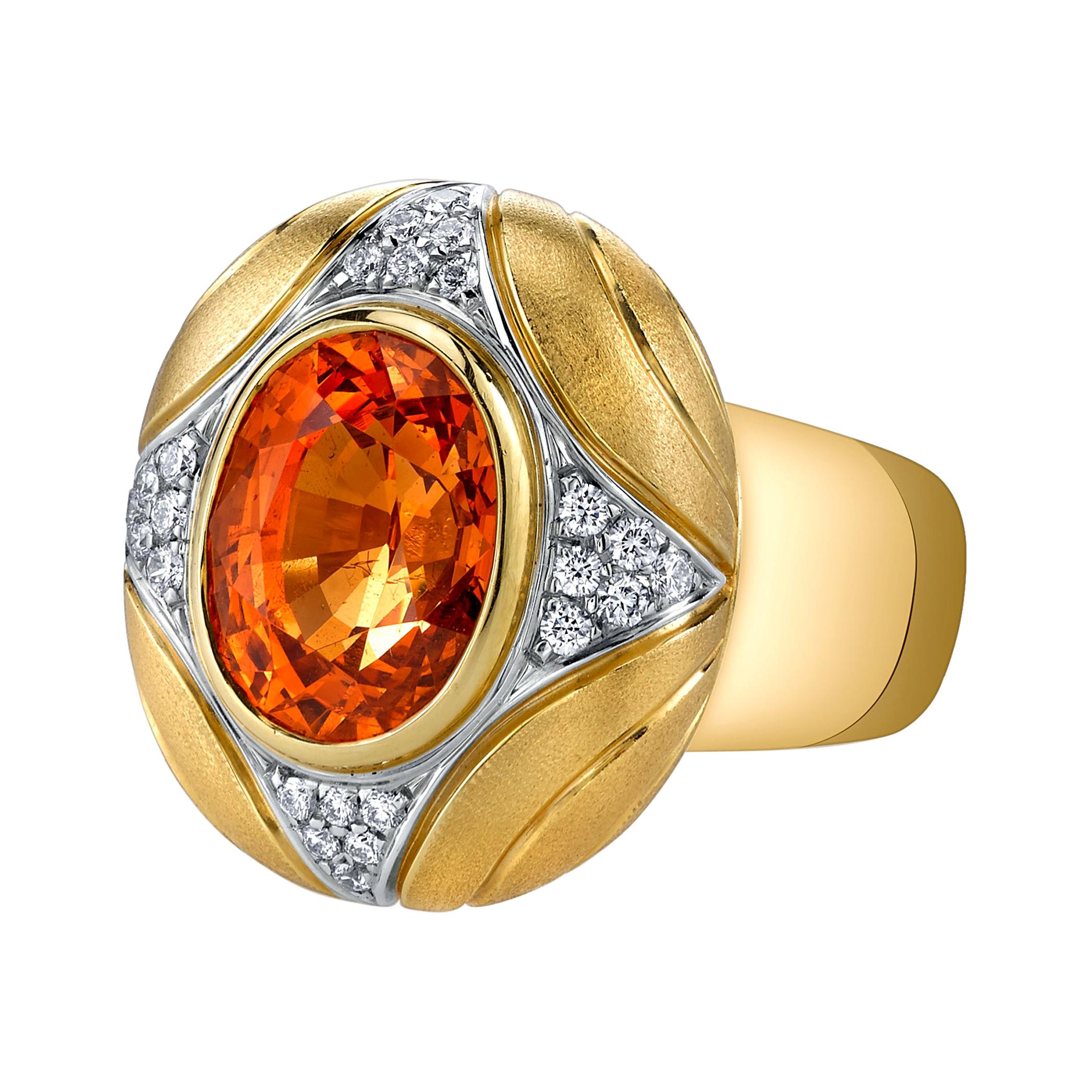 Spessartite Garnet and Diamond Pave Dome Ring in 18k Gold, 8.16 Carat Mandarin