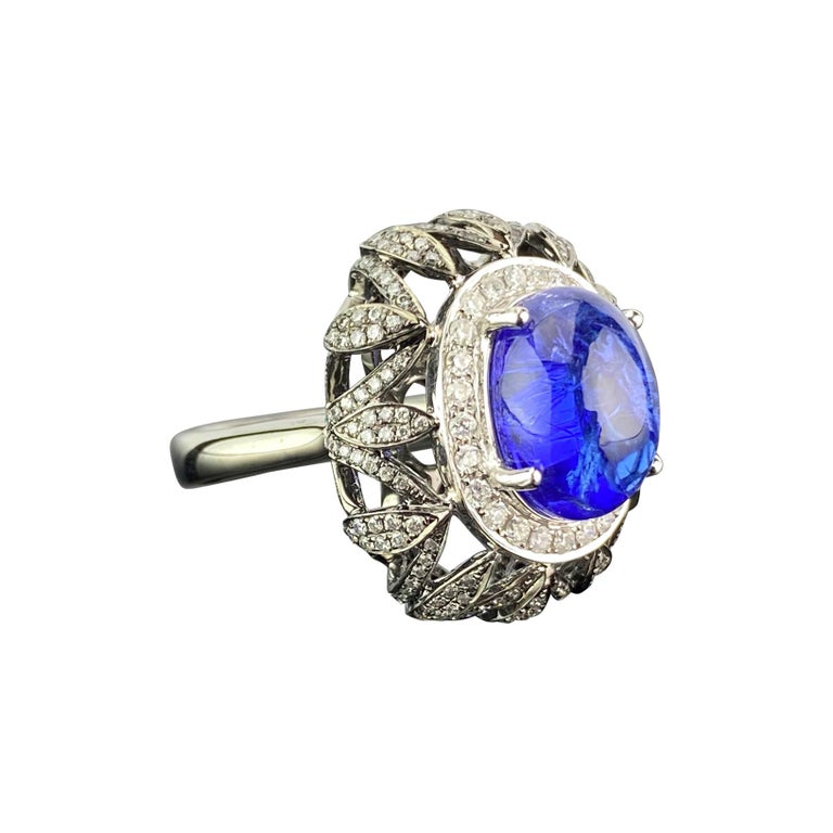 8.16 Carat Tanzanite Cabochon and Diamond 18K Gold Cocktail Ring For ...