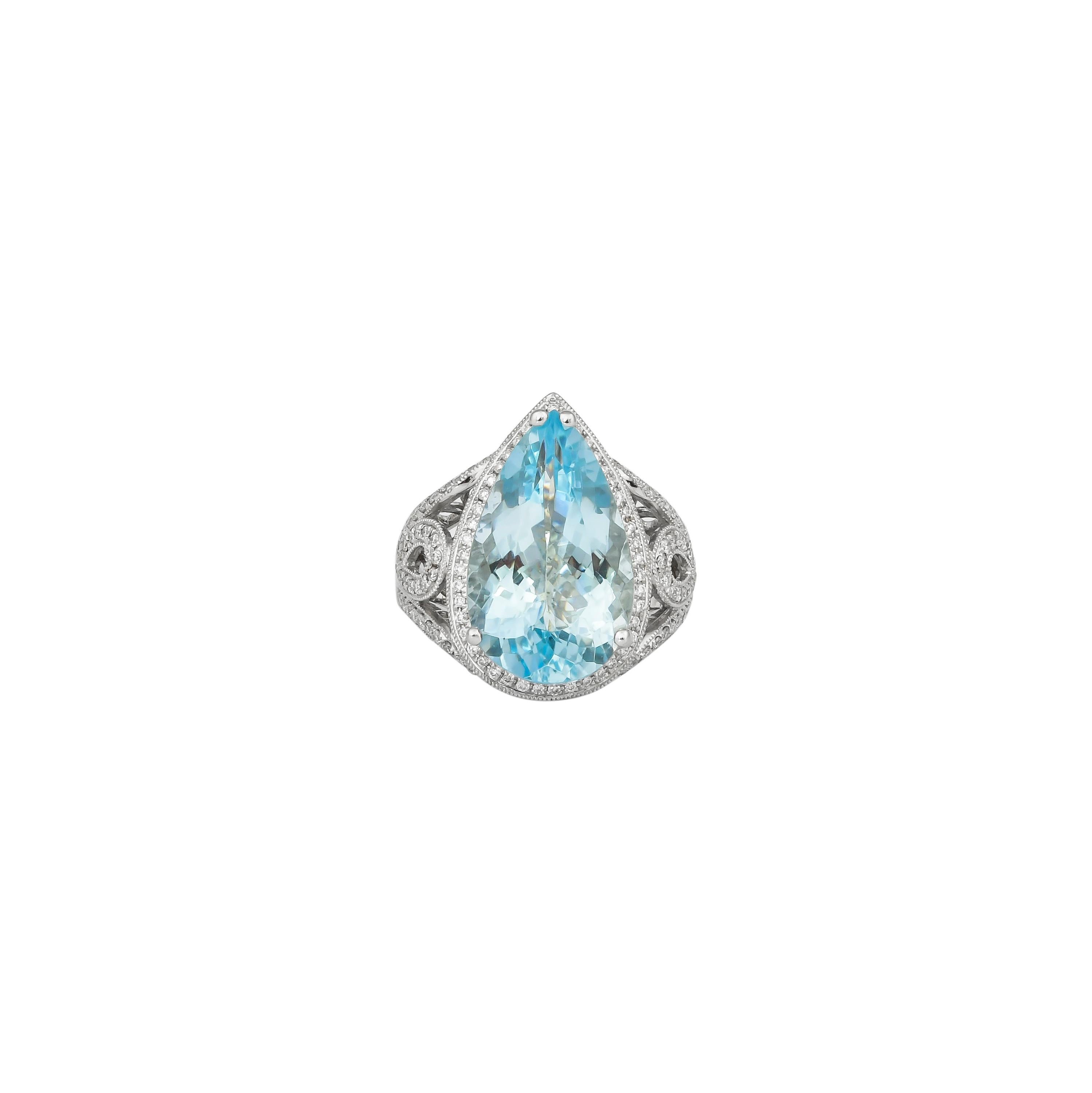 Pear Cut 8.17 Carat Aquamarine and Diamond Ring in 18 Karat White Gold For Sale