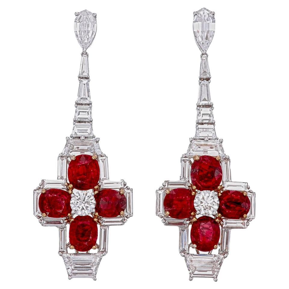 Orecchini con rubino di Birmania senza calore e diamanti da 8,17 carati in oro bianco da 18 carati in vendita