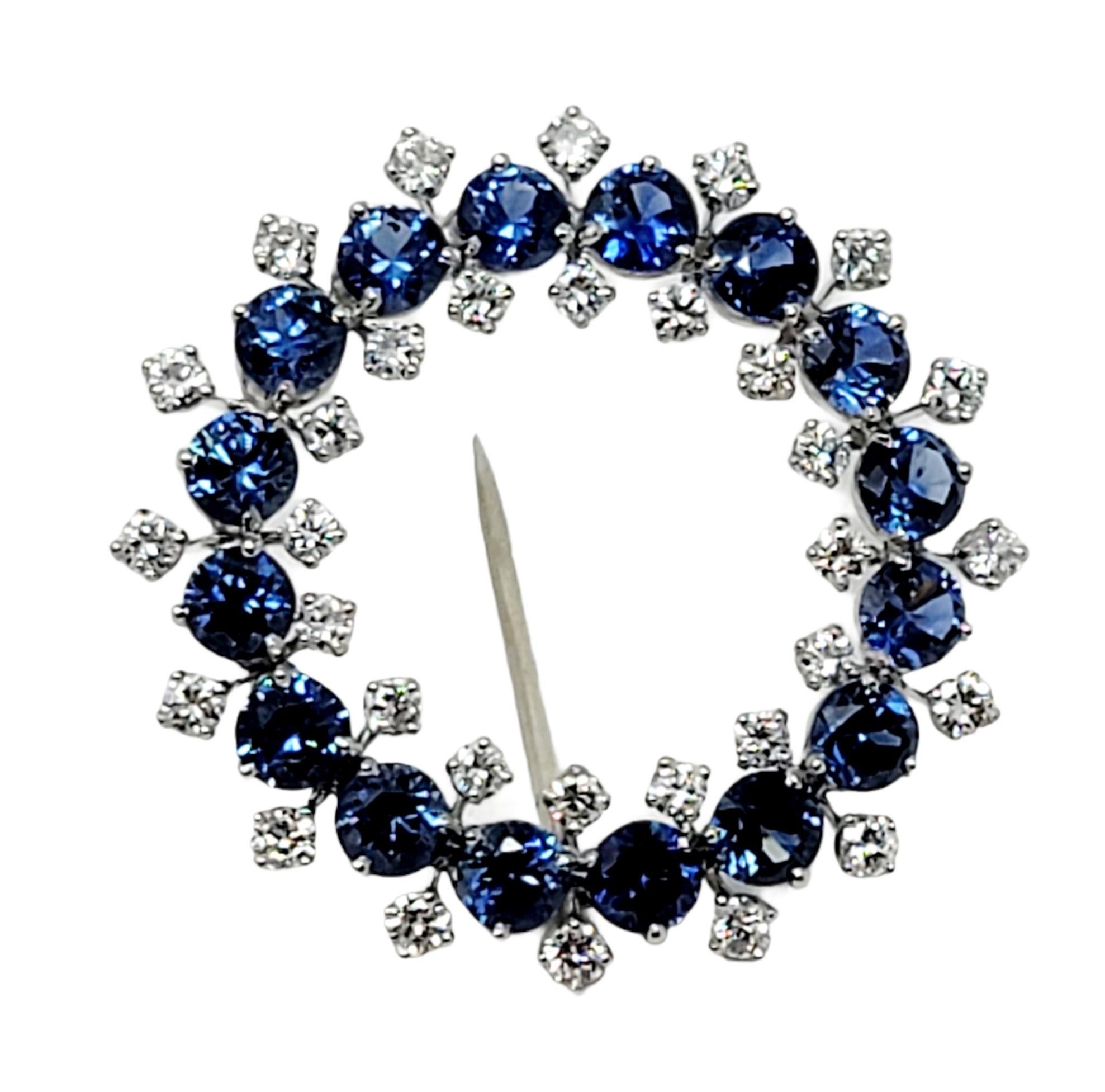 Round Cut 8.17 Carats Total Sapphire and Diamond Open Circle Wreath Brooch in Platinum