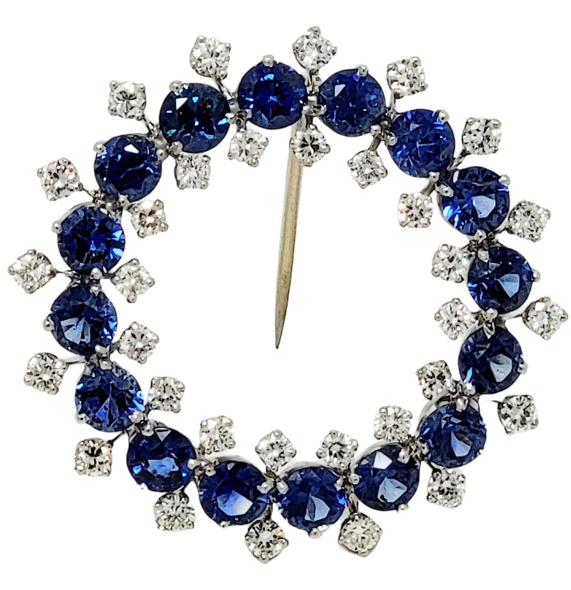 8.17 Carats Total Sapphire and Diamond Open Circle Wreath Brooch in Platinum In Good Condition In Scottsdale, AZ