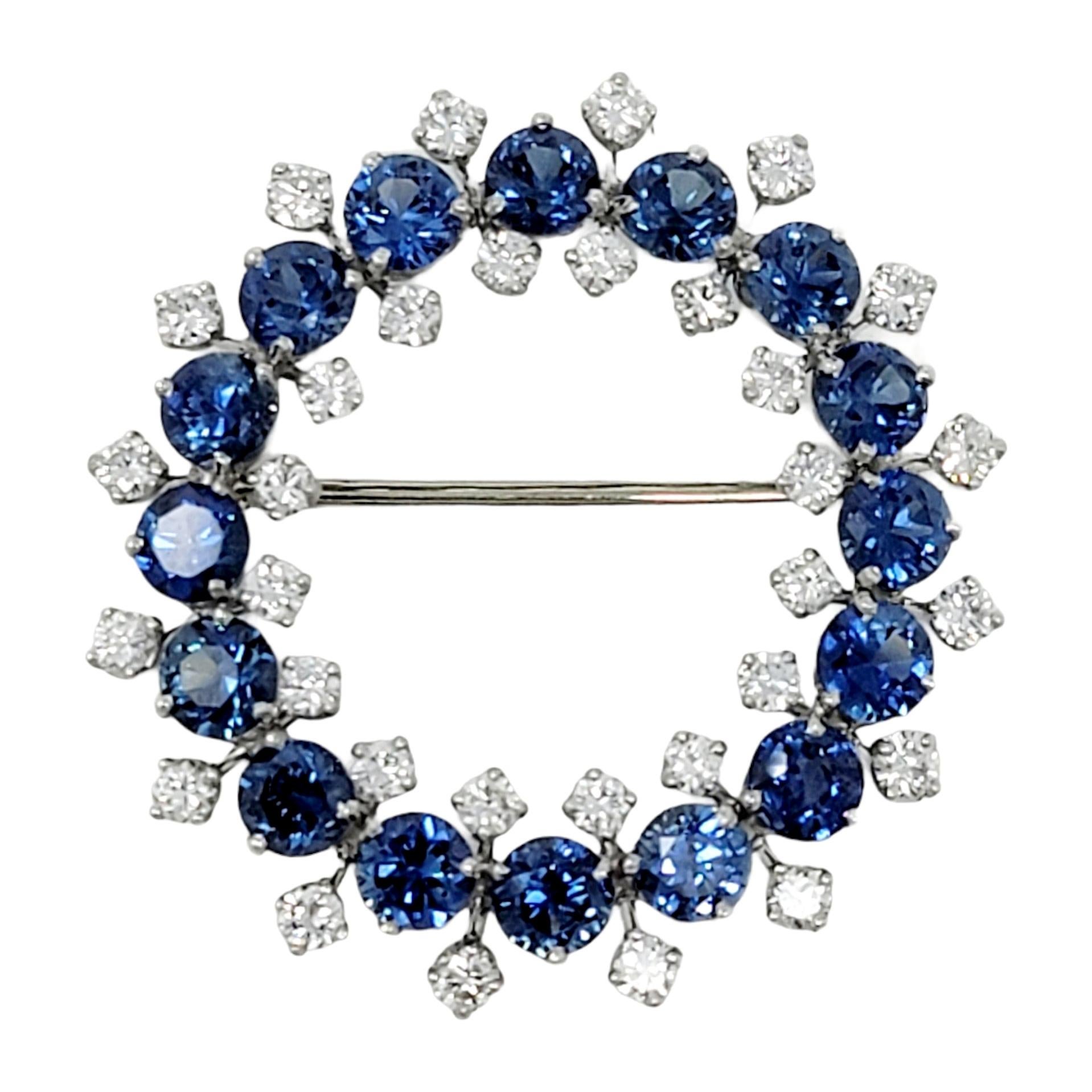8.17 Carats Total Sapphire and Diamond Open Circle Wreath Brooch in Platinum