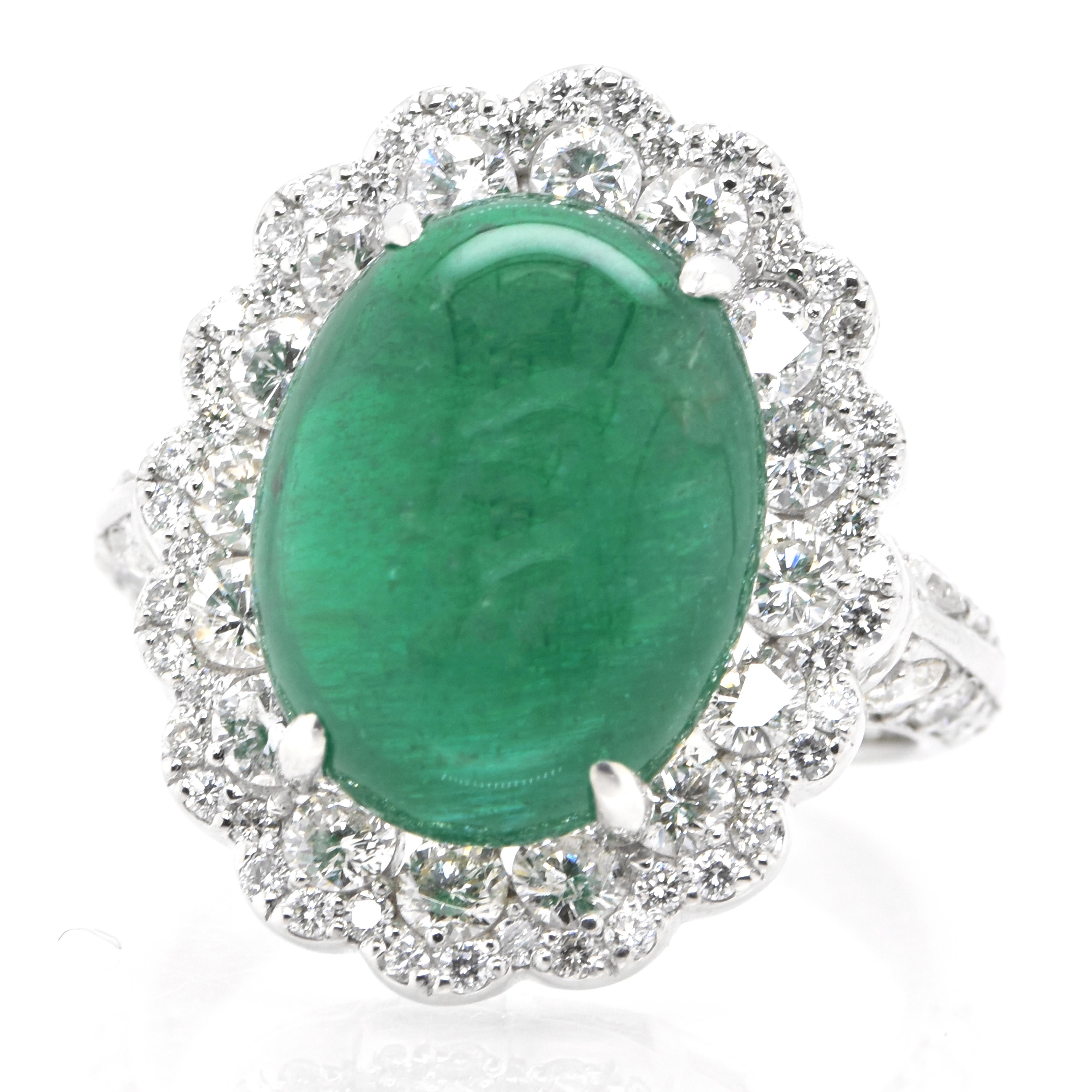 A stunning ring featuring a 8.18 Carat Natural Zambian Emerald Cabochon and 1.50 Carats of Diamond Accents set in Platinum. People have admired emerald’s green for thousands of years. Emeralds have always been associated with the lushest landscapes